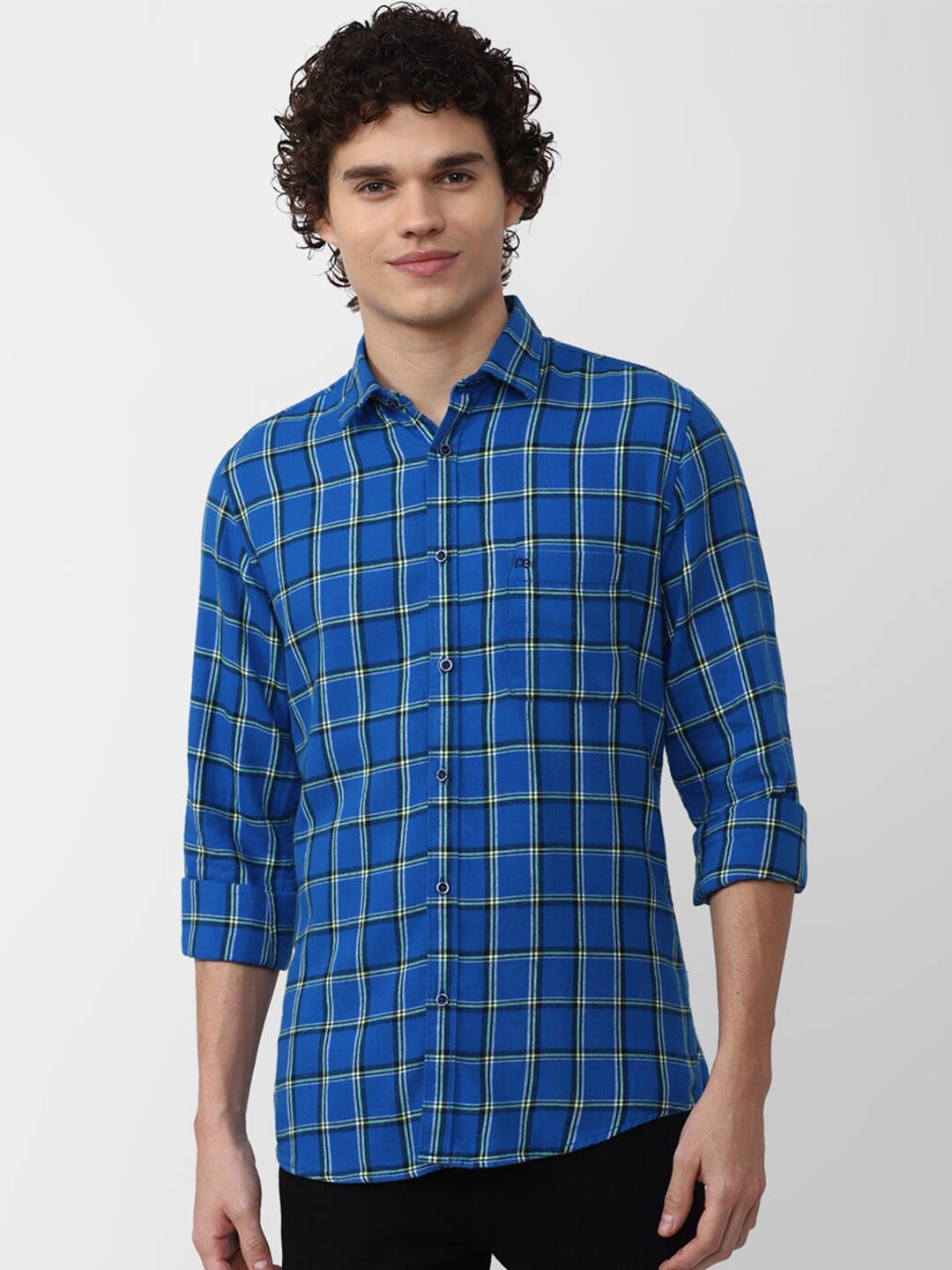 

Peter England Casuals Men Pure Cotton Slim Fit Checked Casual Shirt, Blue