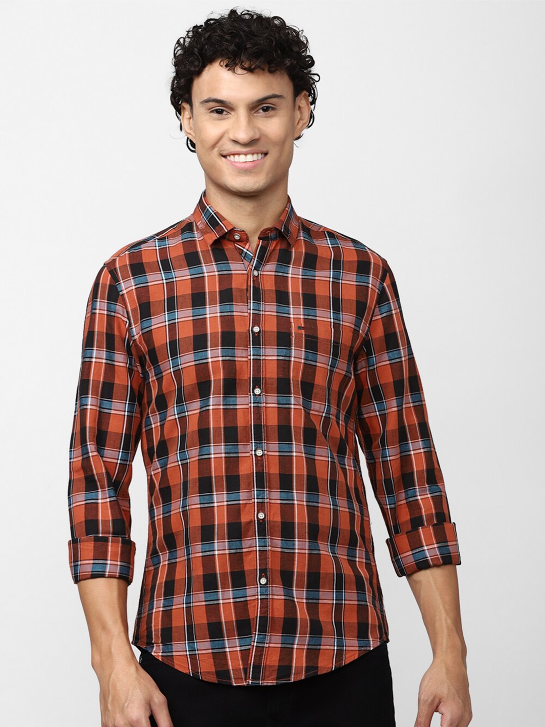 

Peter England Casuals Men Slim Fit Buffalo Checks Cotton Casual Shirt, Orange