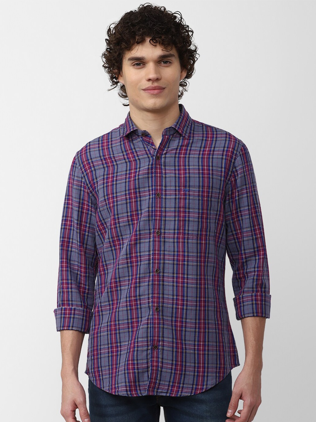 

Peter England Casuals Men Slim Fit Checked Cotton Casual Shirt, Purple