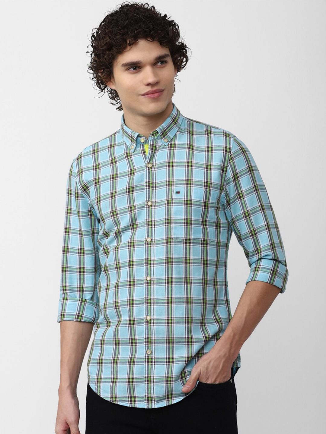 

Peter England Casuals Men Slim Fit Tartan Checks Cotton Casual Shirt, Blue