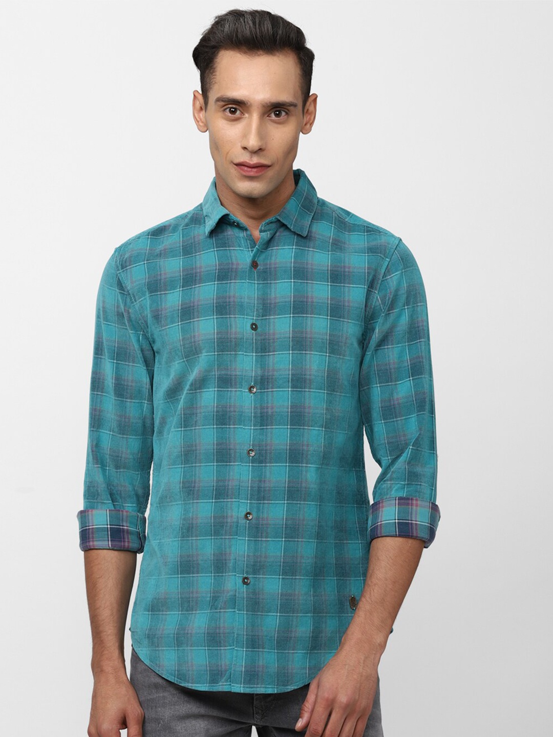

Peter England Casuals Men Slim Fit Checked Pure Cotton Casual Shirt, Blue