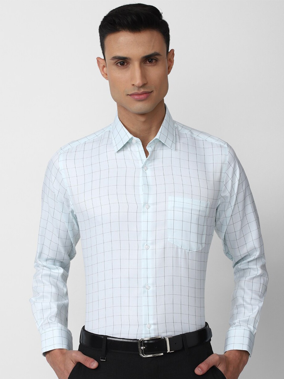 

Van Heusen Men Blue Grid Tattersall Checks Checked Formal Shirt