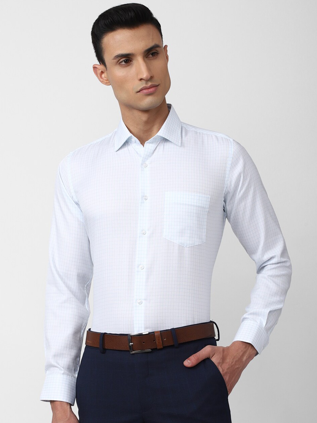 

Van Heusen Men Slim Fit Grid Tattersall Checked Formal Shirt, Blue