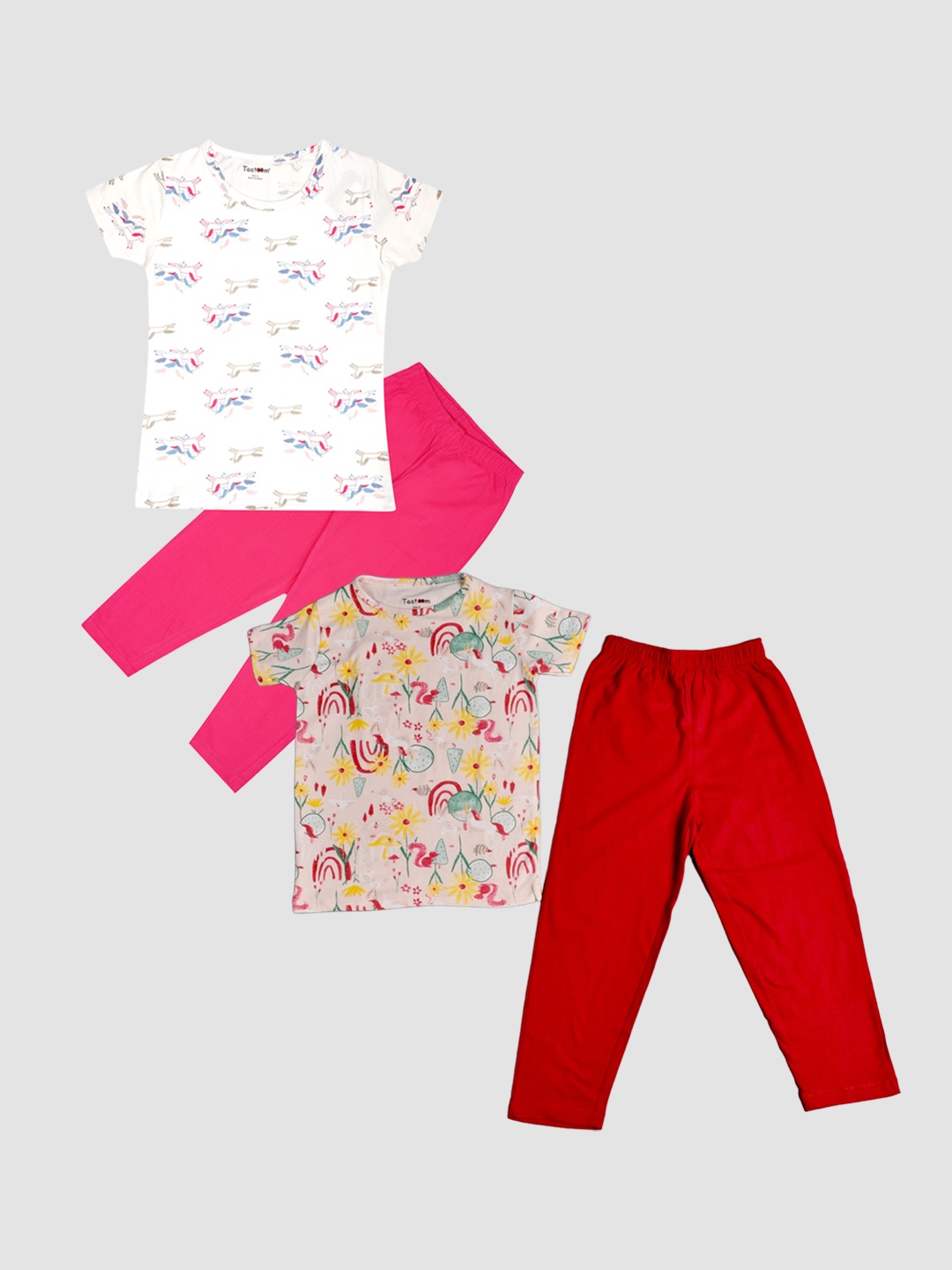 

Taatoom Girls Pack Of 2 Printed Pure Cotton Night suit, Pink