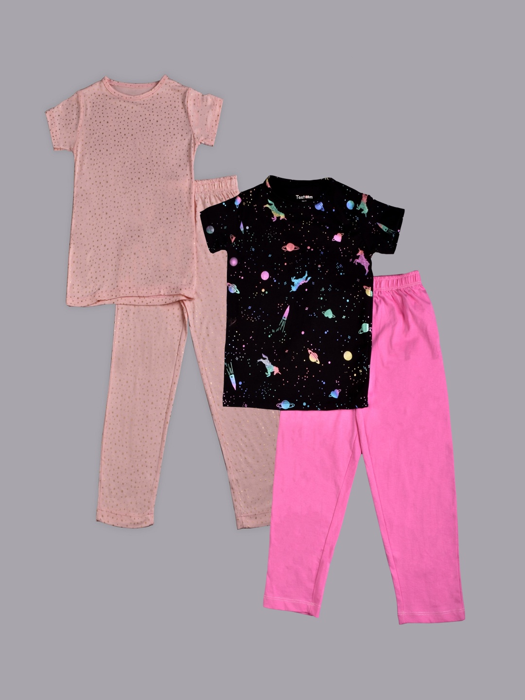 

Taatoom Girls Pack Of 2 Printed Pure Cotton Night suit, Black