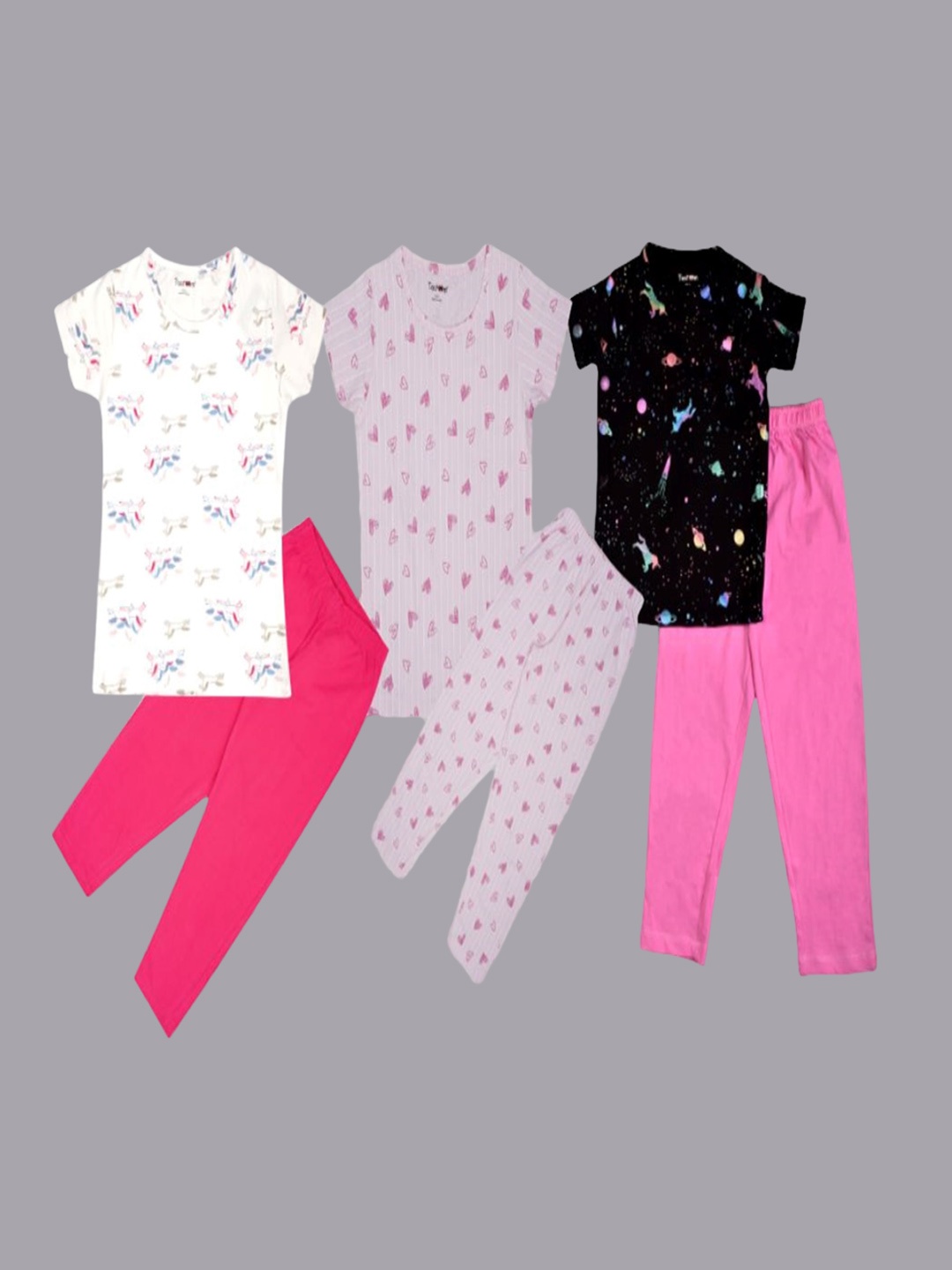 

Taatoom Girls Pack Of 3 Printed Pure Cotton Night suit, White