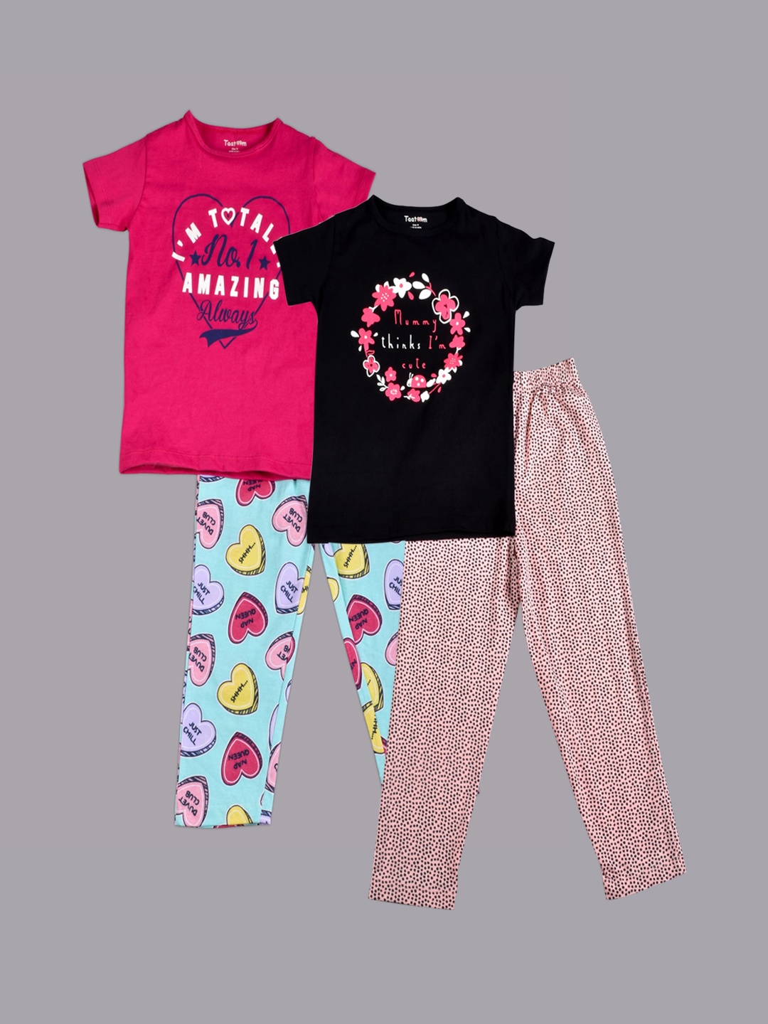 

Taatoom Girls Pack Of 2 Printed Pure Cotton Night suit, Black