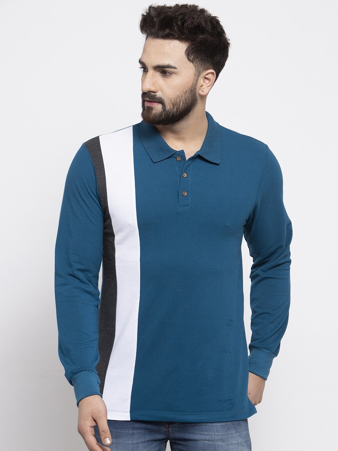 

Kalt Men Colourblocked Polo Collar T-shirt, Teal