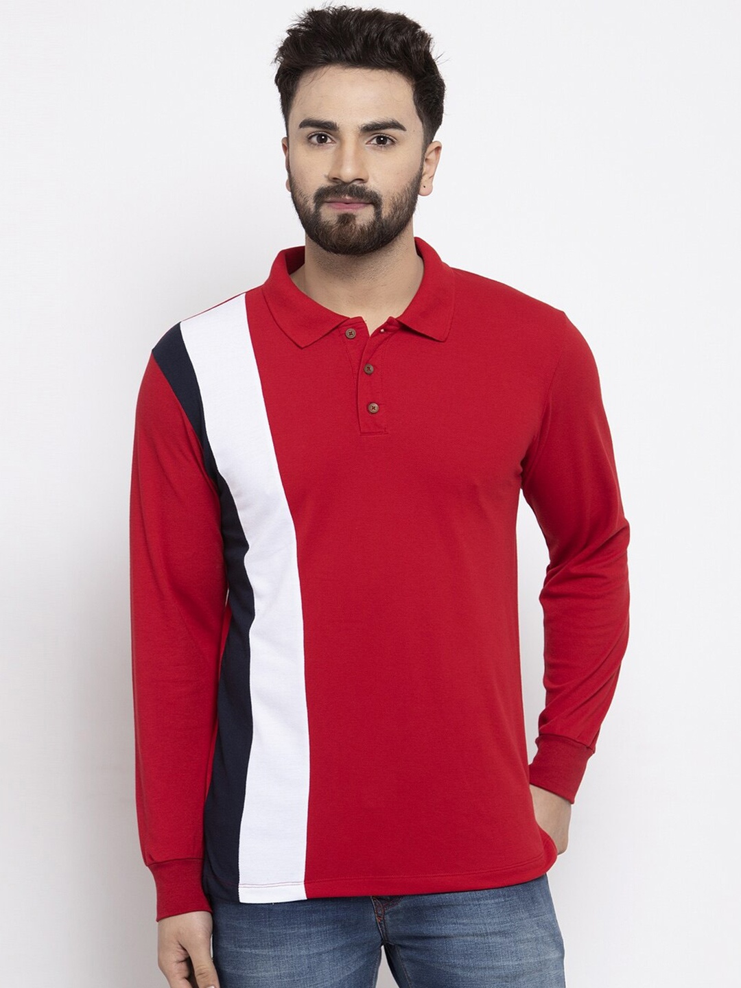 

Kalt Men Colourblocked Polo Collar T-shirt, Red