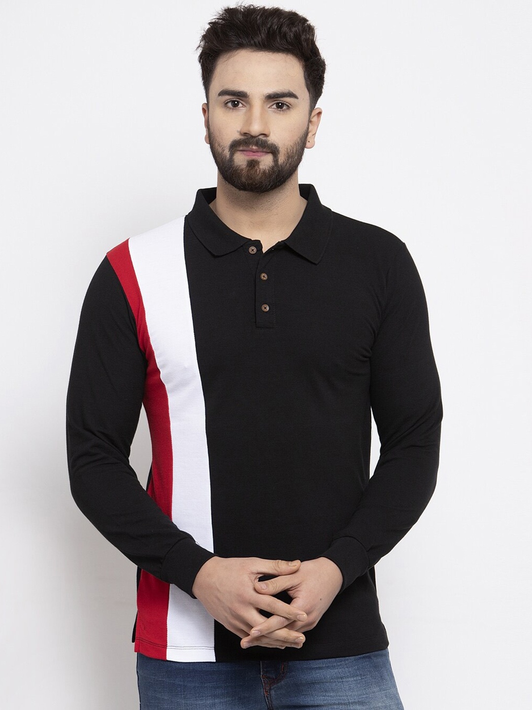 

Kalt Men Colourblocked Polo Collar T-shirt, Black