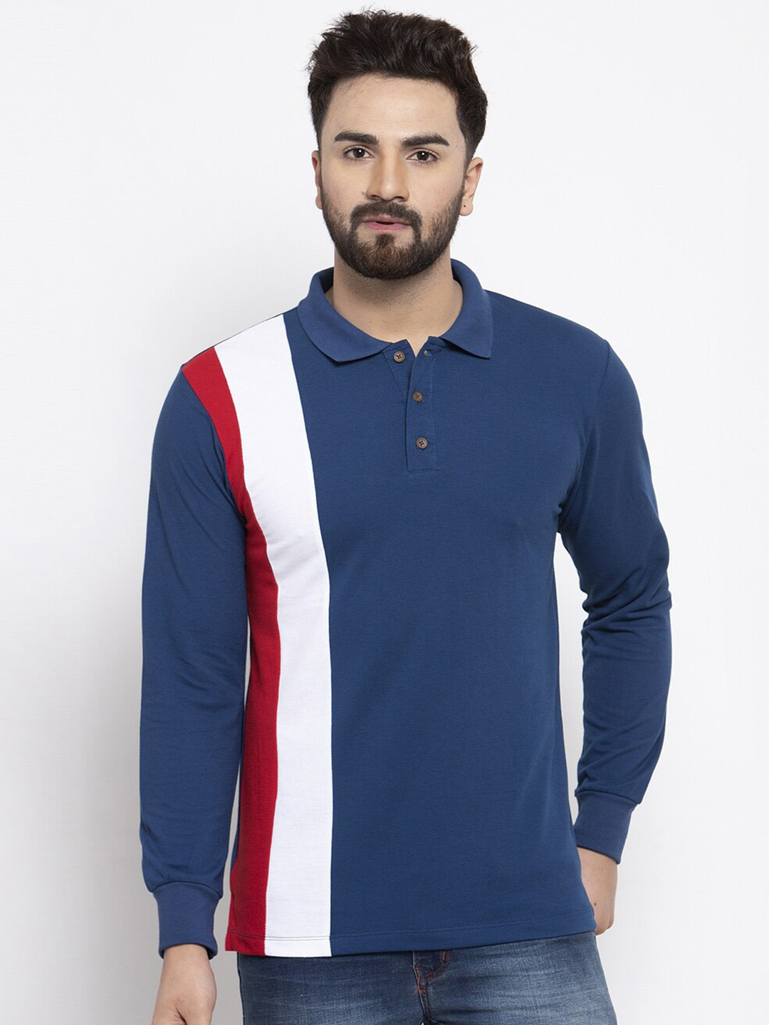 

Kalt Men Colourblocked Polo Collar T-shirt, Blue