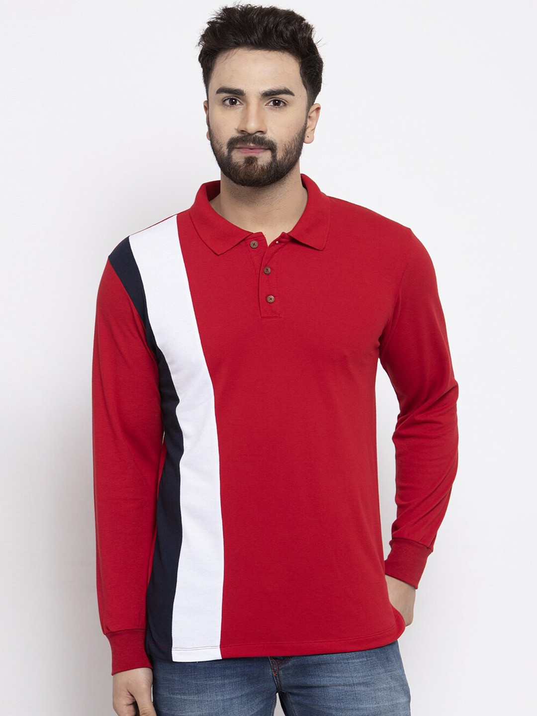 

Kalt Men Colourblocked Polo Collar T-shirt, Red