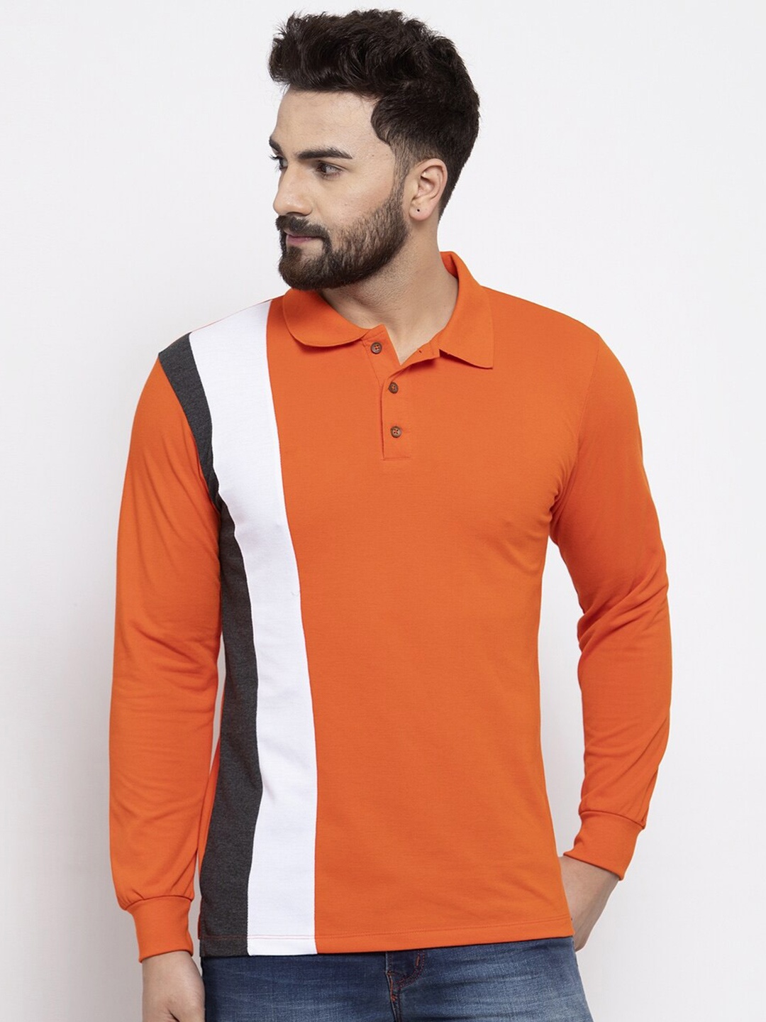 

Kalt Men Colourblocked Polo Collar T-shirt, Orange