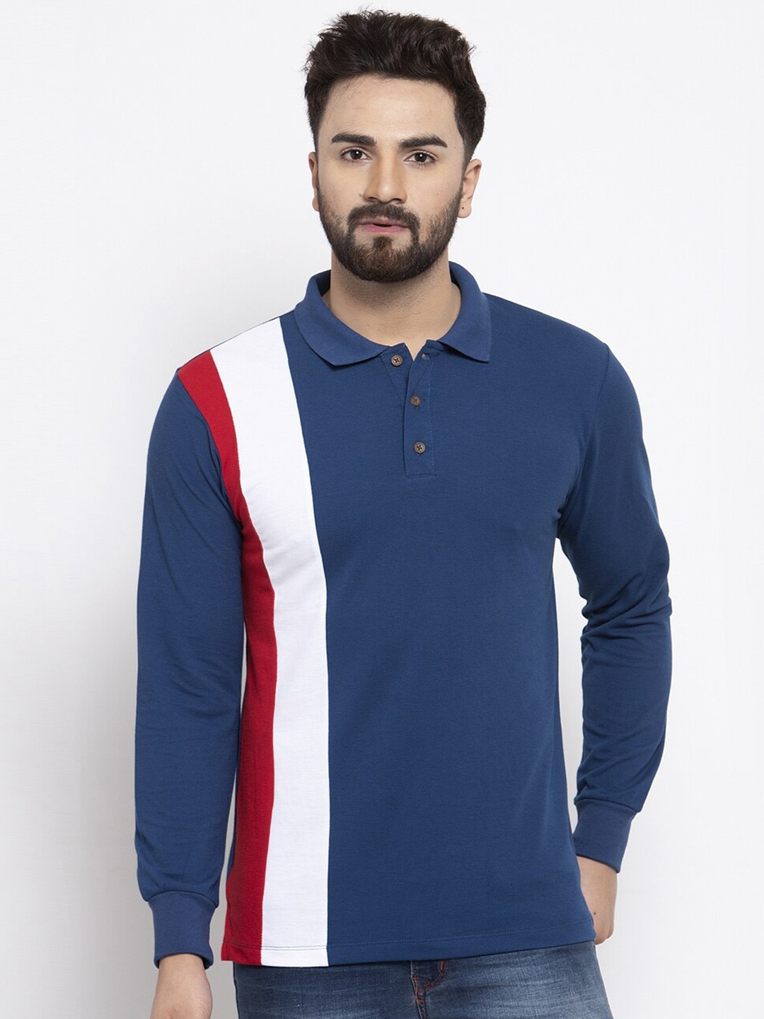 

Kalt Men Colourblocked Polo Collar T-shirt, Blue