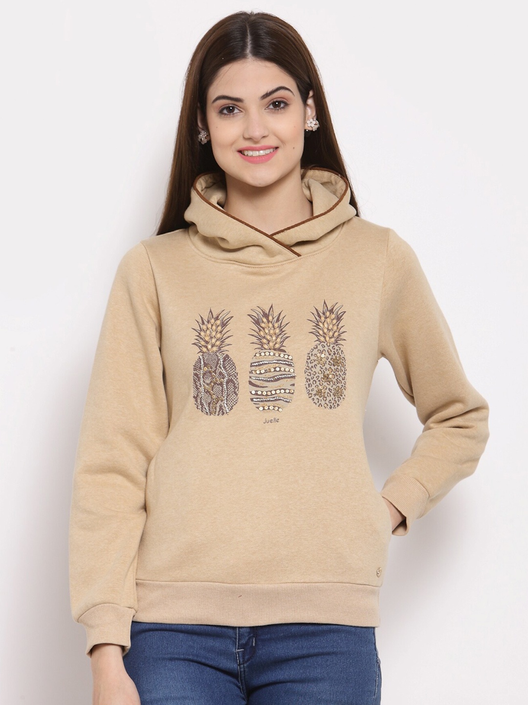 

Juelle Women Printed Hooded Sweatshirt, Khaki