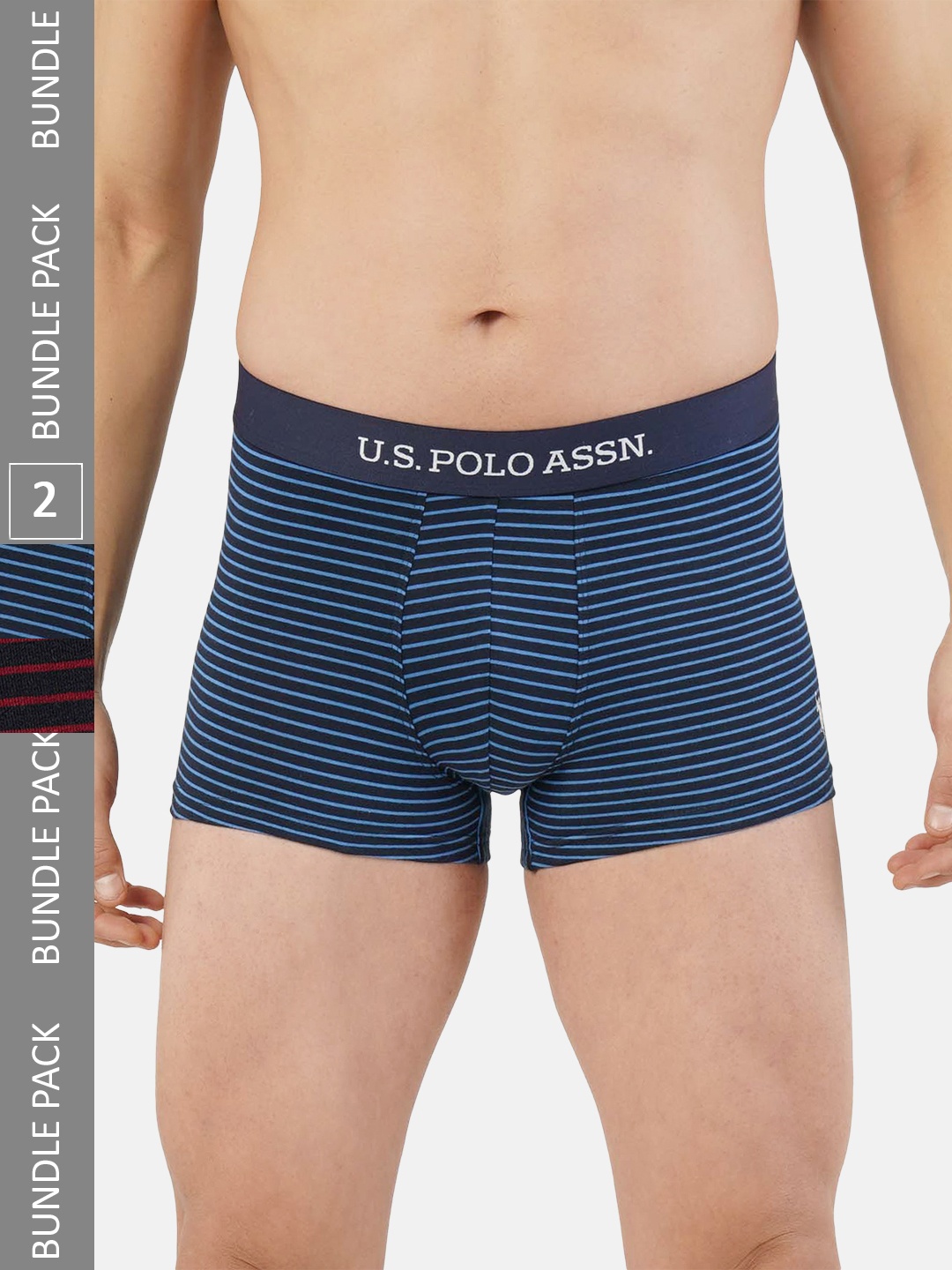 

U.S. Polo Assn. Men Pack Of 2 Striped Cotton Mid-Rise Trunks ET005-NN1-P2, Navy blue