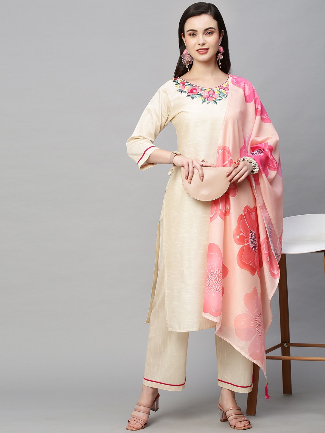 

POONAM DESIGNER Floral Embroidered Round Neck Kurta with Palazzos & Dupatta, Cream