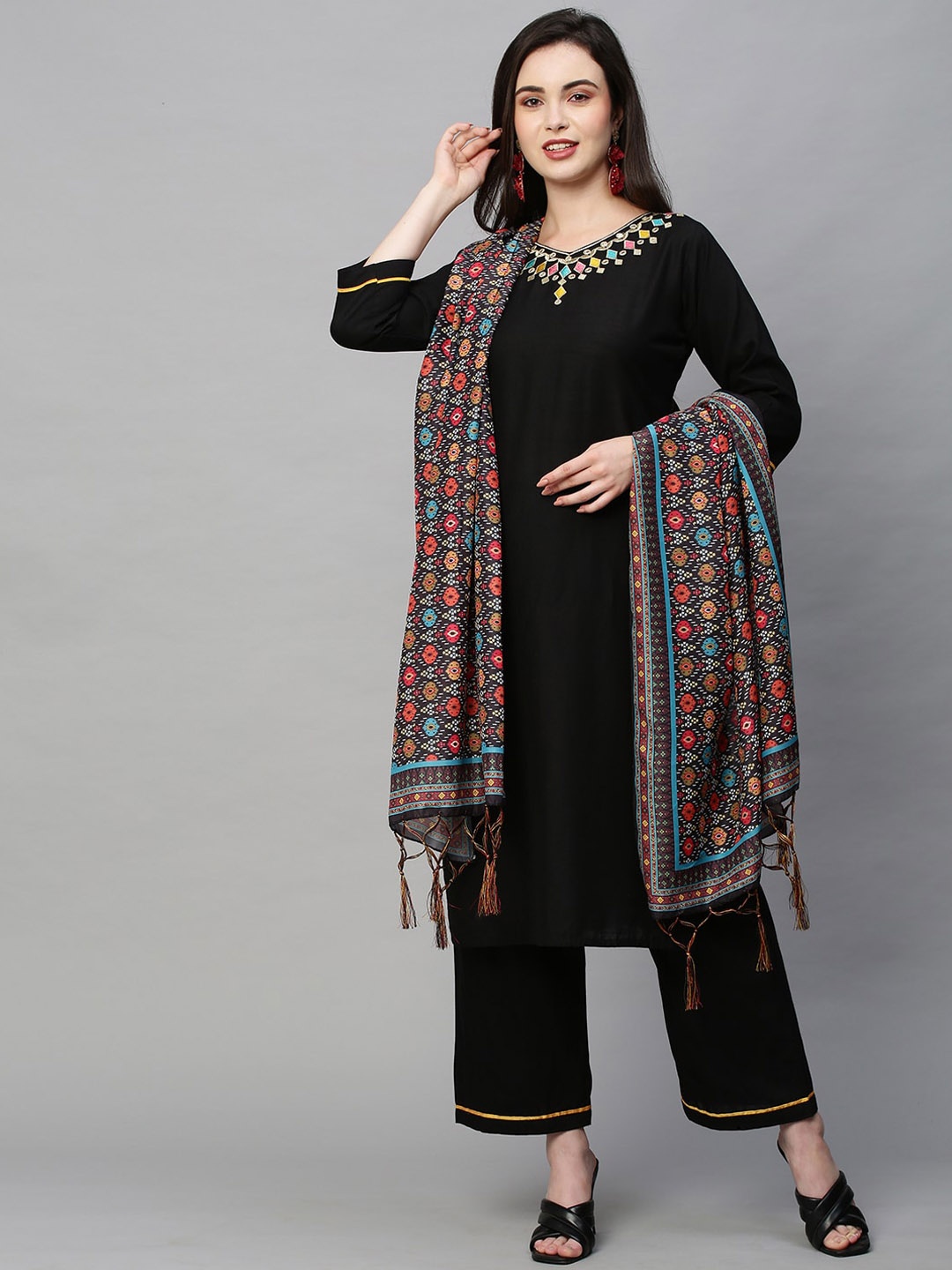 

POONAM DESIGNER Embroidered Round Neck Kurta with Palazzos & Dupatta, Black