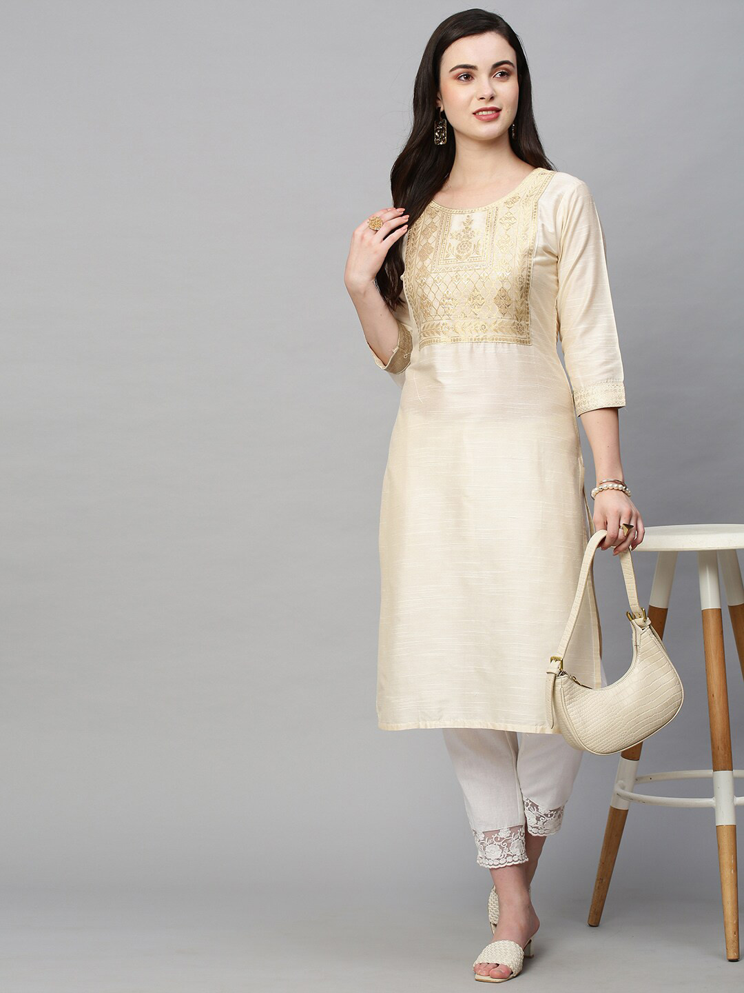 

POONAM DESIGNER Women Yoke Design Zari Kurta with Trousers, Cream