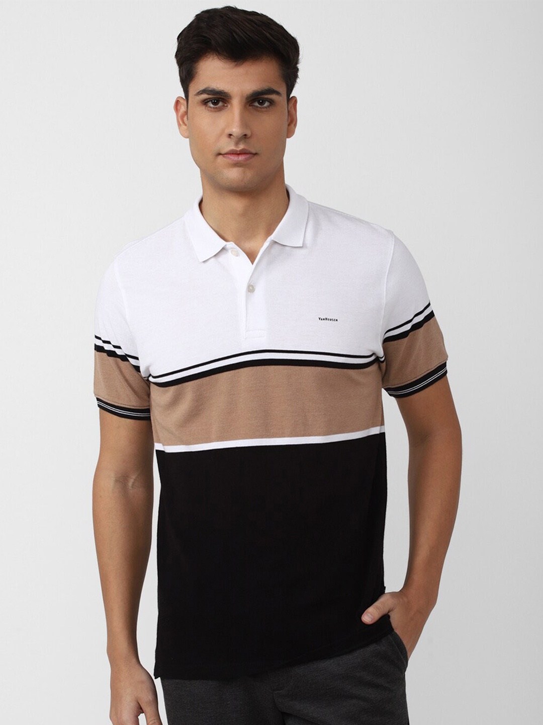 

Van Heusen Men Colourblocked Polo Collar Pure Cotton T-shirt, Black