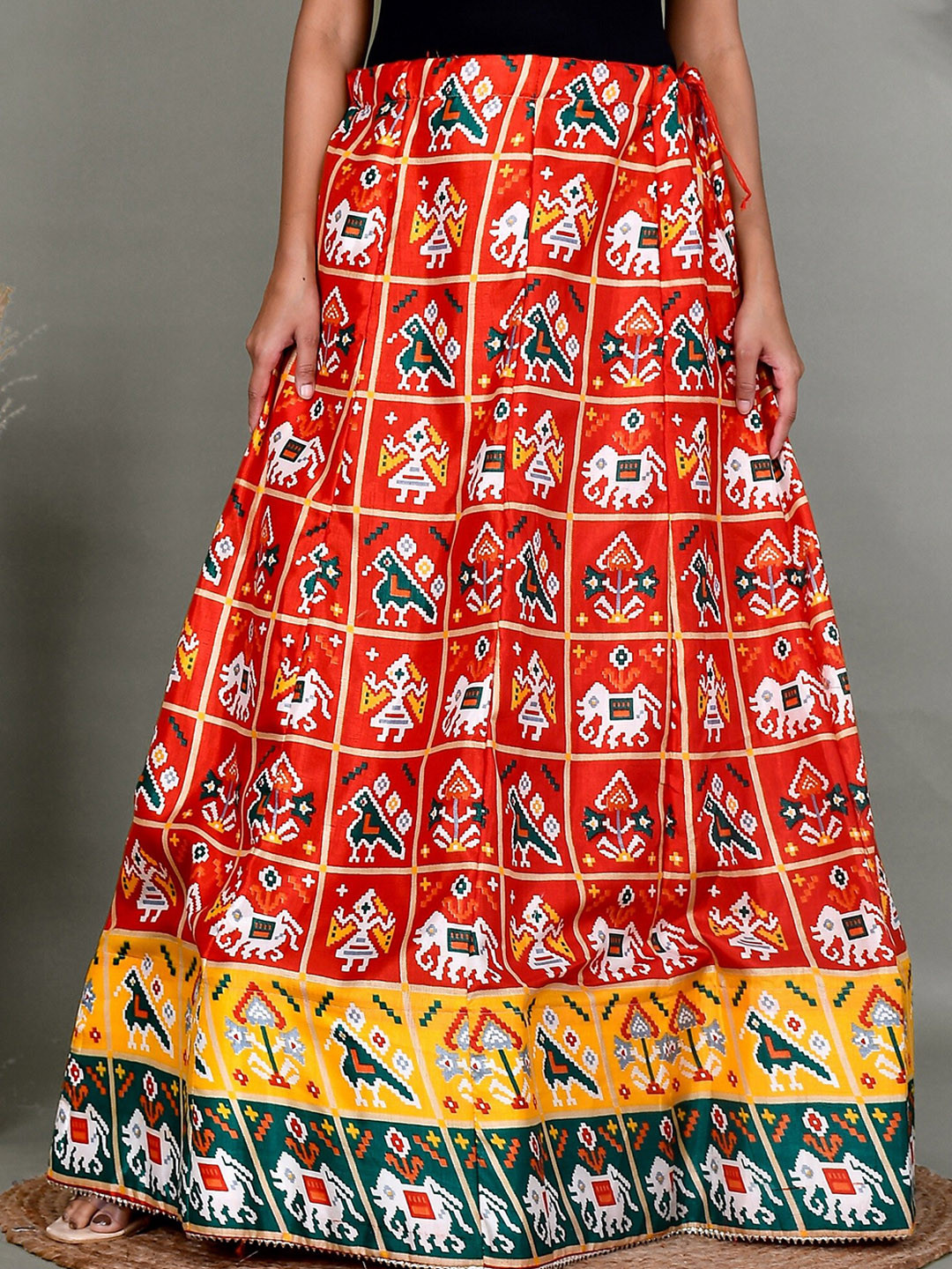 

Kesarya Women Ethnic Printed Pure Silk Flared Maxi Skirts, Orange