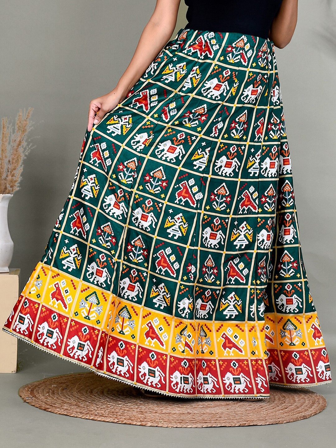 

Kesarya Pure Silk Ethnic Printed Maxi Flared Skirt, Green