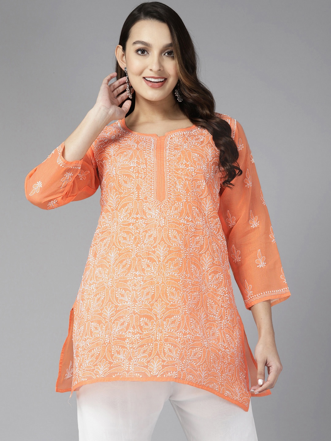 

ADA Women Ethnic Motifs Embroidered Cotton Chikankari Kurti, Orange