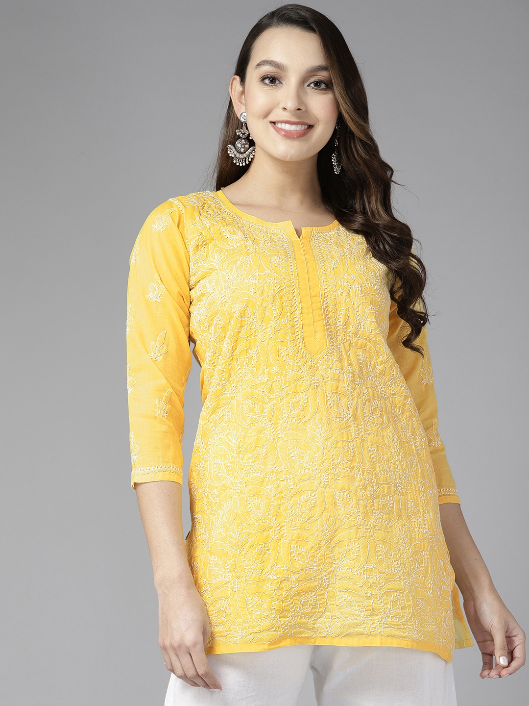 

ADA Women Ethnic Motifs Embroidered Cotton Chikankari Kurti, Yellow