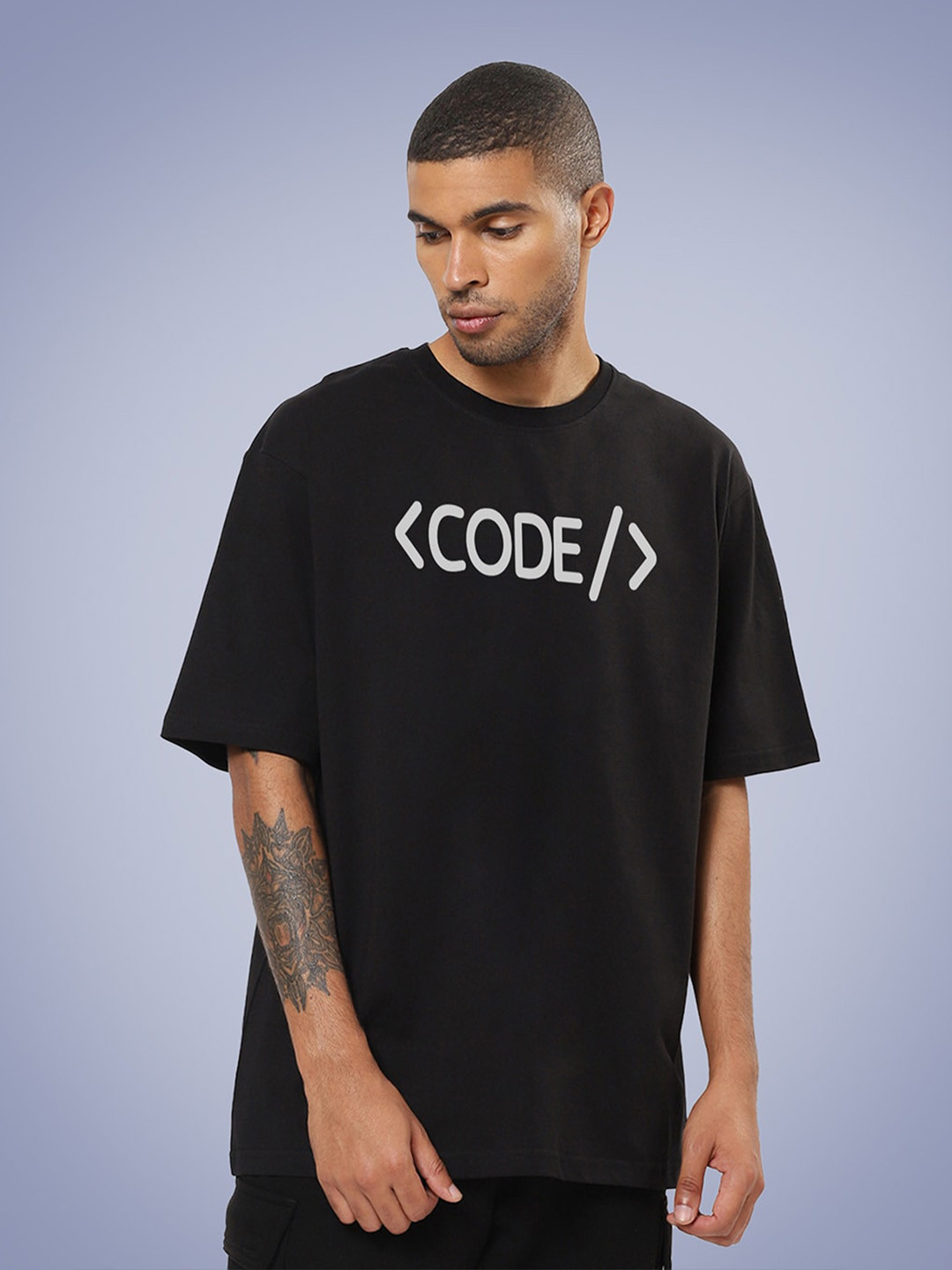 

Mad Over Print Men Typography Printed Loose Cotton T-shirt, Black