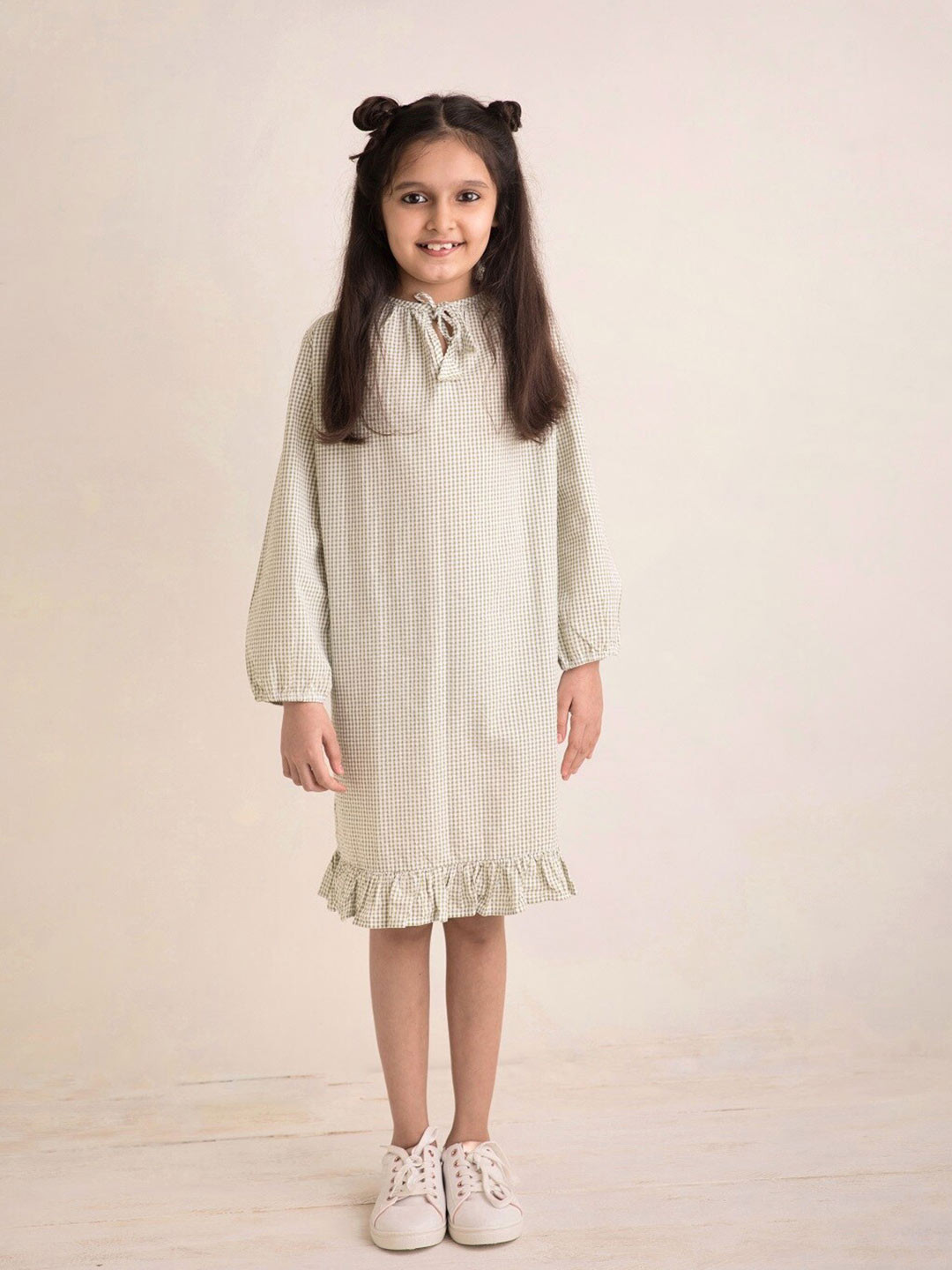 

Biglilpeople Pure Cotton Tie-Up Neck Drop-Waist Dress, Olive