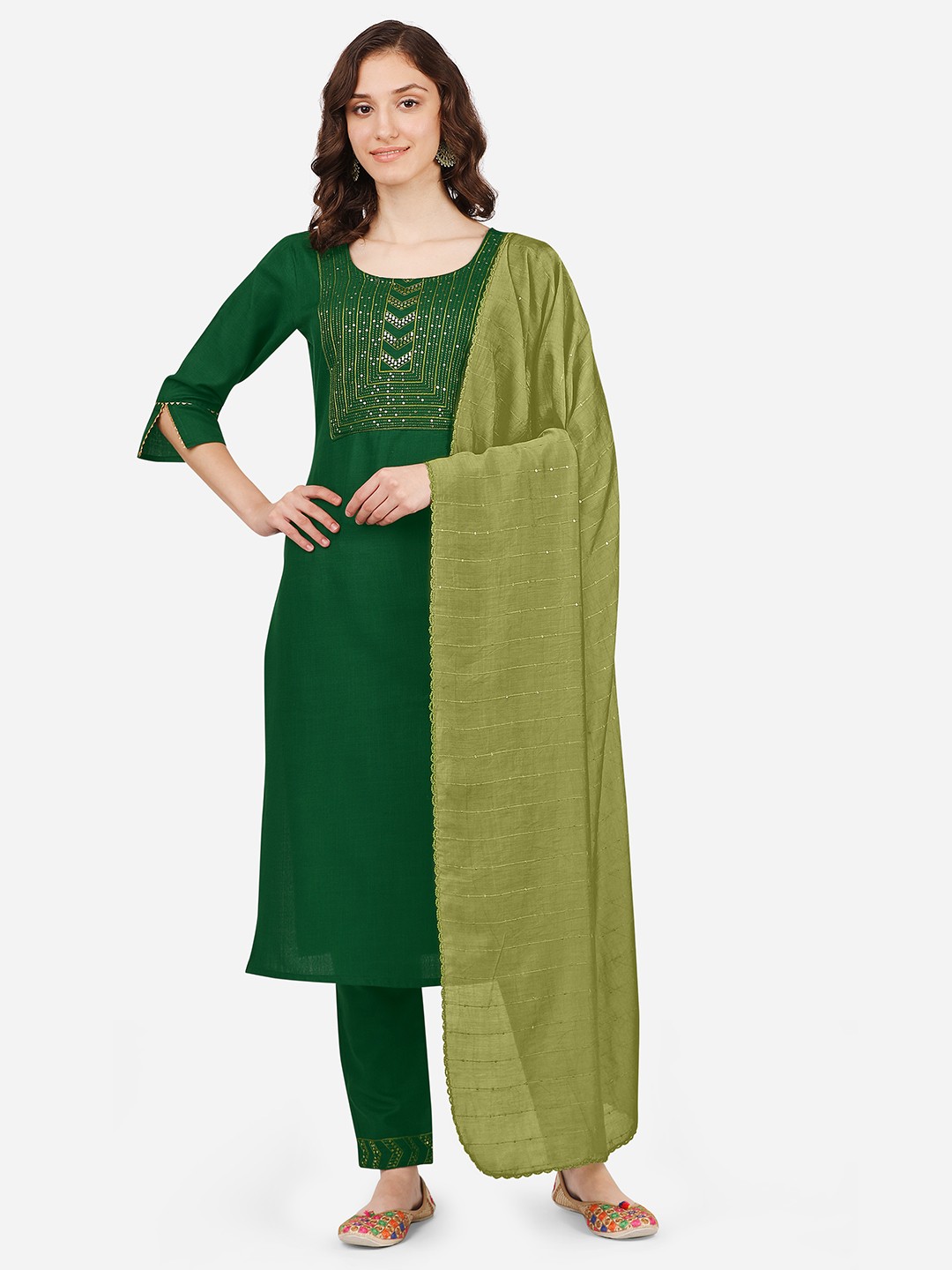 

FEMMIBELLA Women Ethnic Motifs Embroidered Sequinned Kurta with Trousers & Dupatta, Green