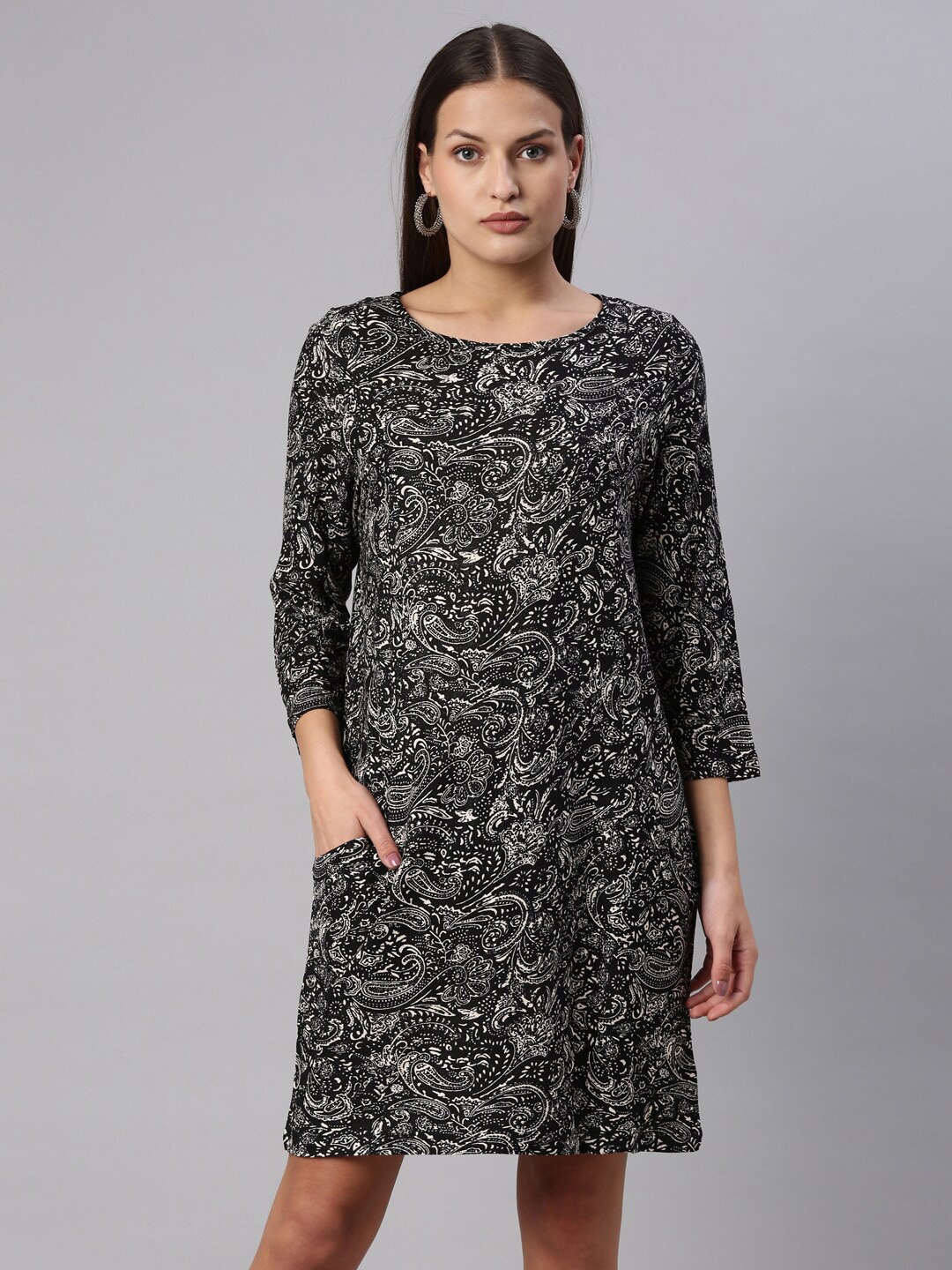 

YCANF Floral Printed A-Line Dress, Black