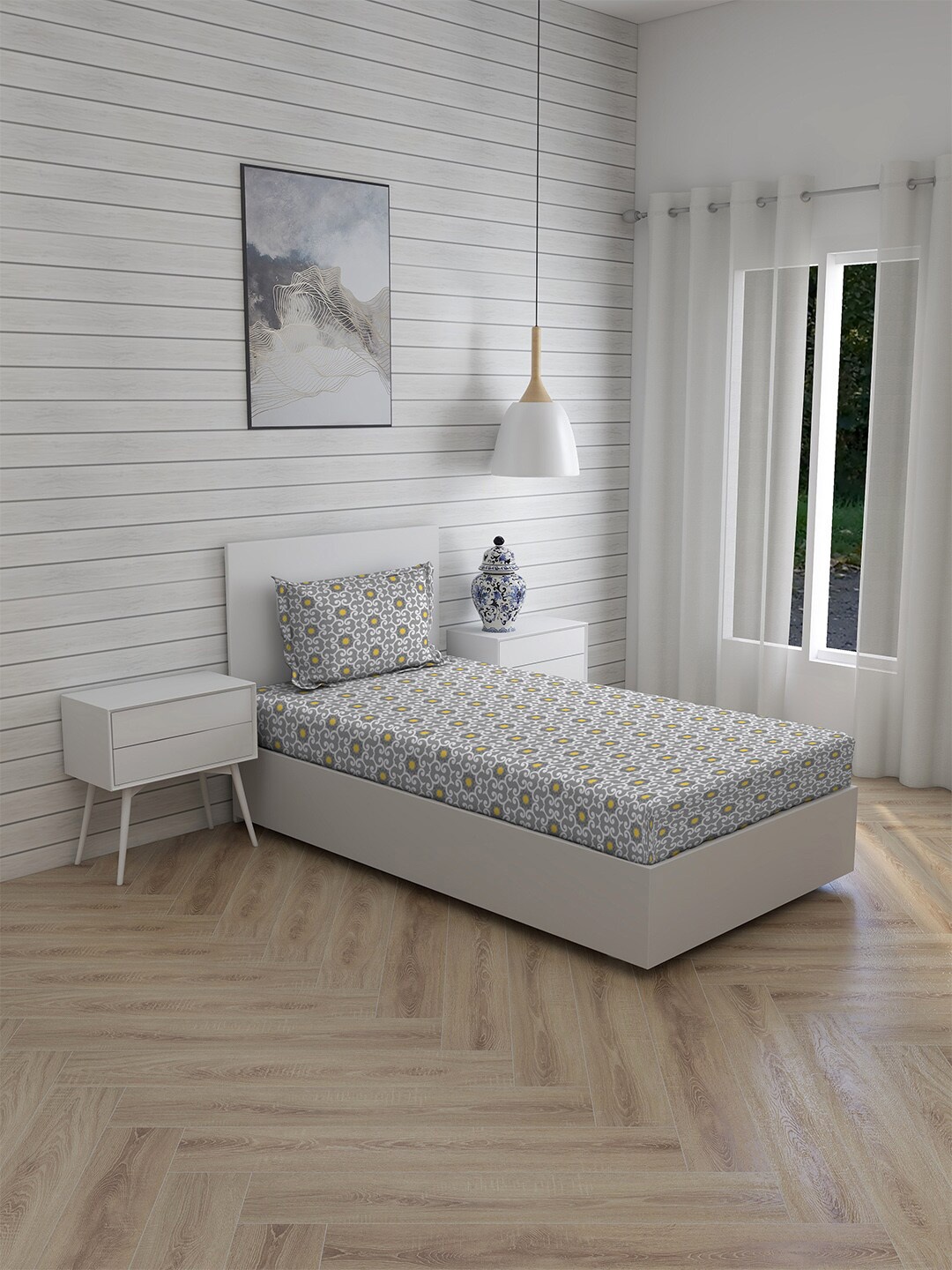 

Layers Firenze Grey & Yellow 140 TC Cotton Single Bedsheet with 1 Pillow Covers