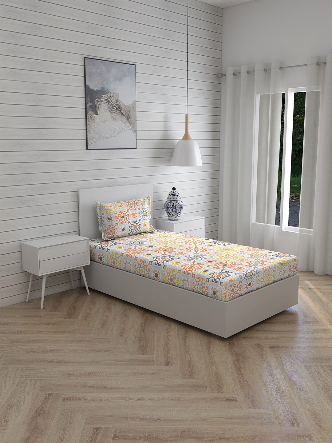 

Layers Firenze Grey & Orange Printed 140 TC Cotton Single Bedsheet with Pillow Cover