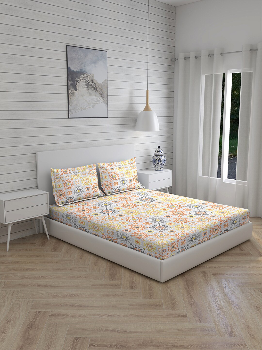 

Layers White & Orange Ethnic Motifs 140 TC Cotton Queen Bedsheet with 2 Pillow Covers