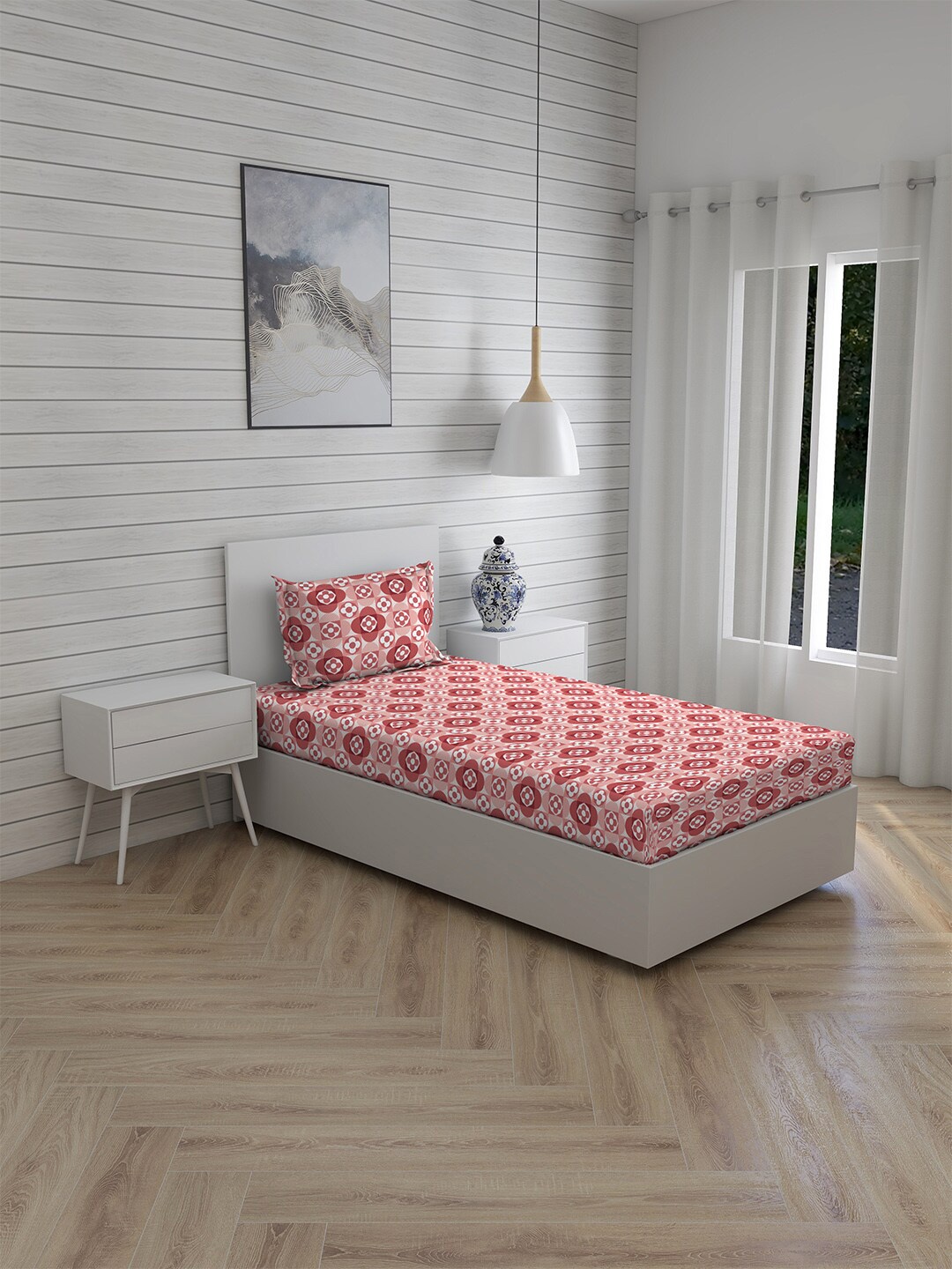 

Layers Peach-Coloured & Pink Geometric 140 TC Single Bedsheet with 1 Pillow Covers