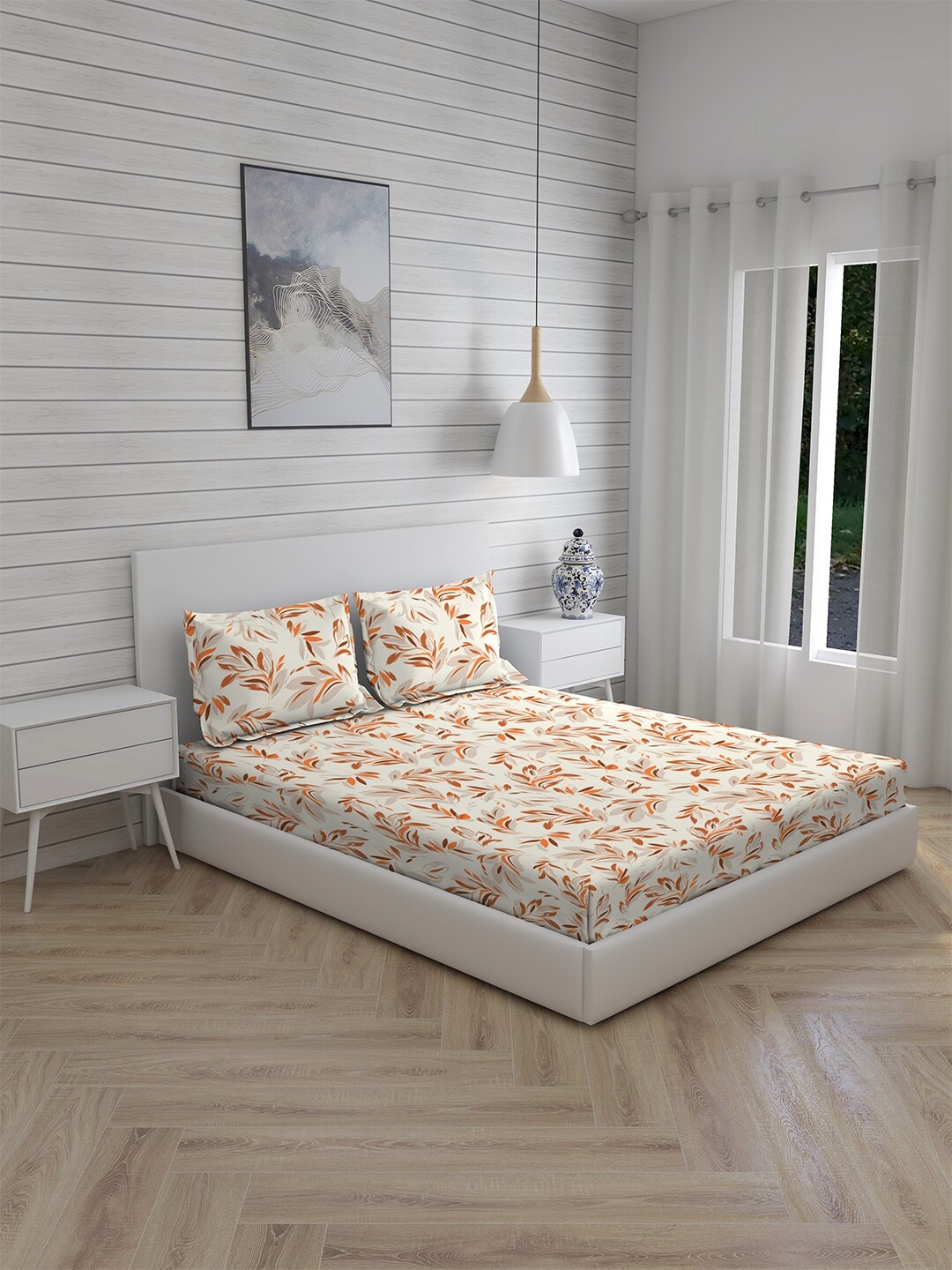 

Layers Firenze White & Brown Floral Printed 140 TC King Bedsheet with 2 Pillow Covers