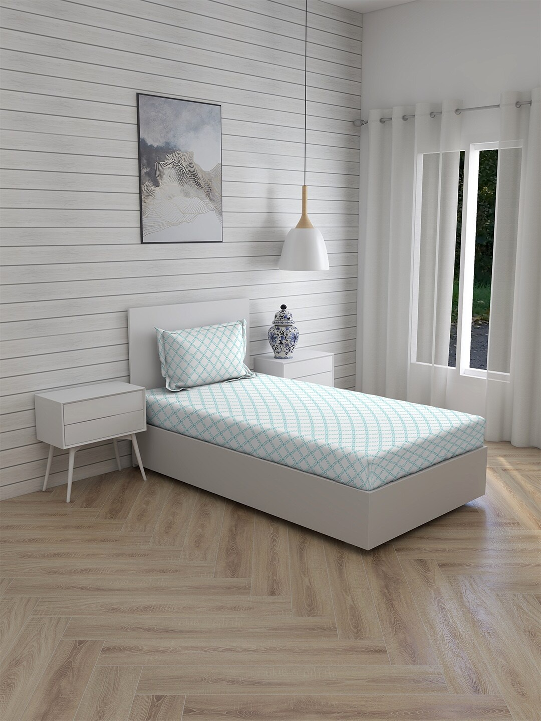 

Boutique Living India White & Blue Geometric 160 TC Single Bedsheet with Pillow Cover