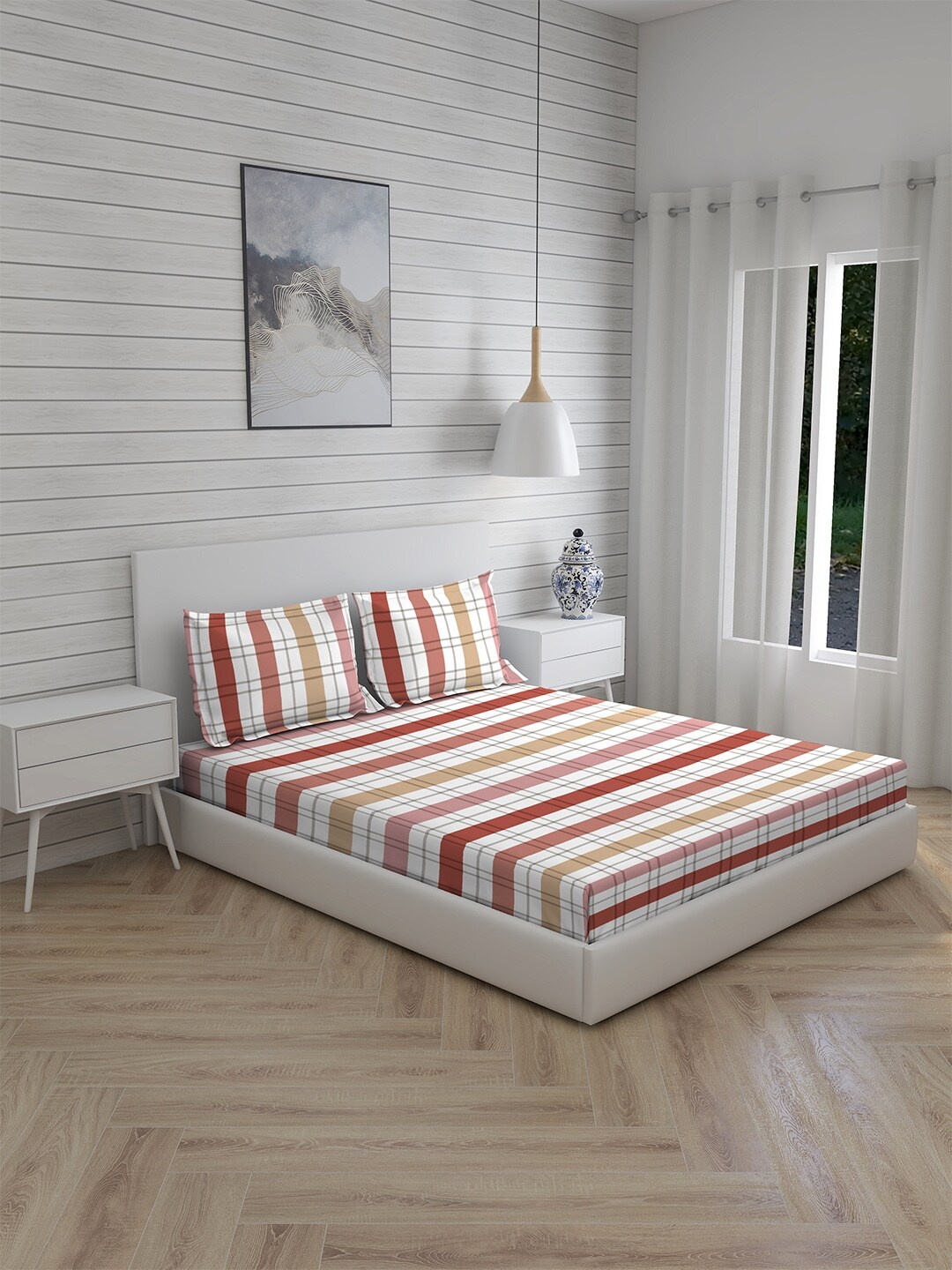 

Boutique Living India Akira Striped 230 TC King Bedsheet with 2 Pillow Covers, Red