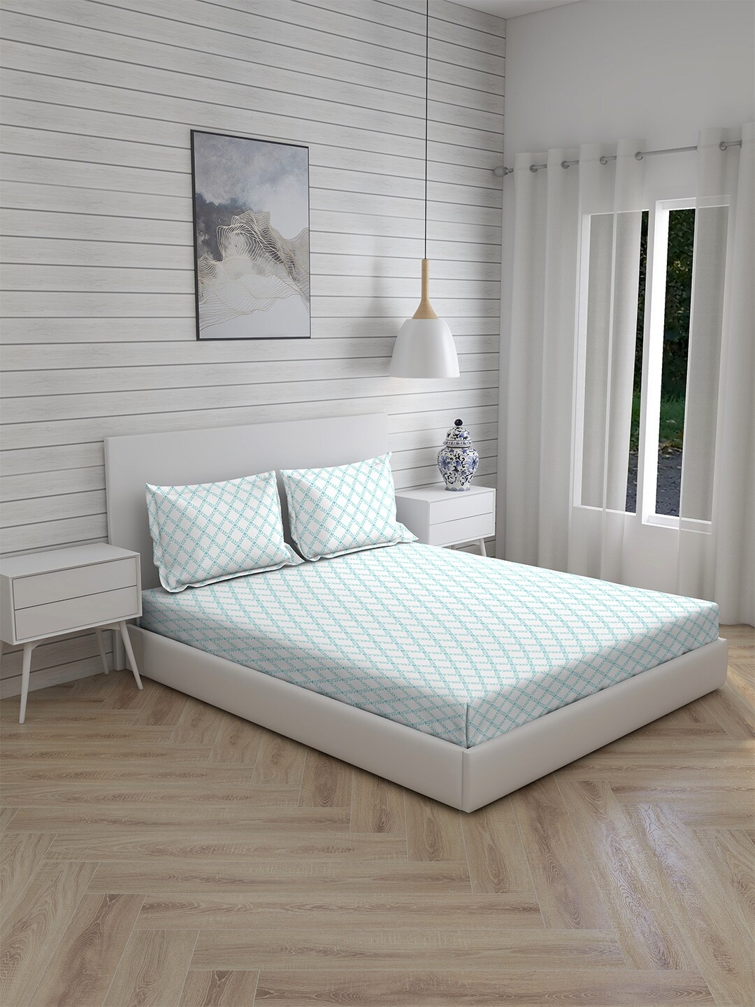 

Boutique Living India White & Blue Ethnic Motifs 160 TC King Bedsheet with 2 Pillow Covers