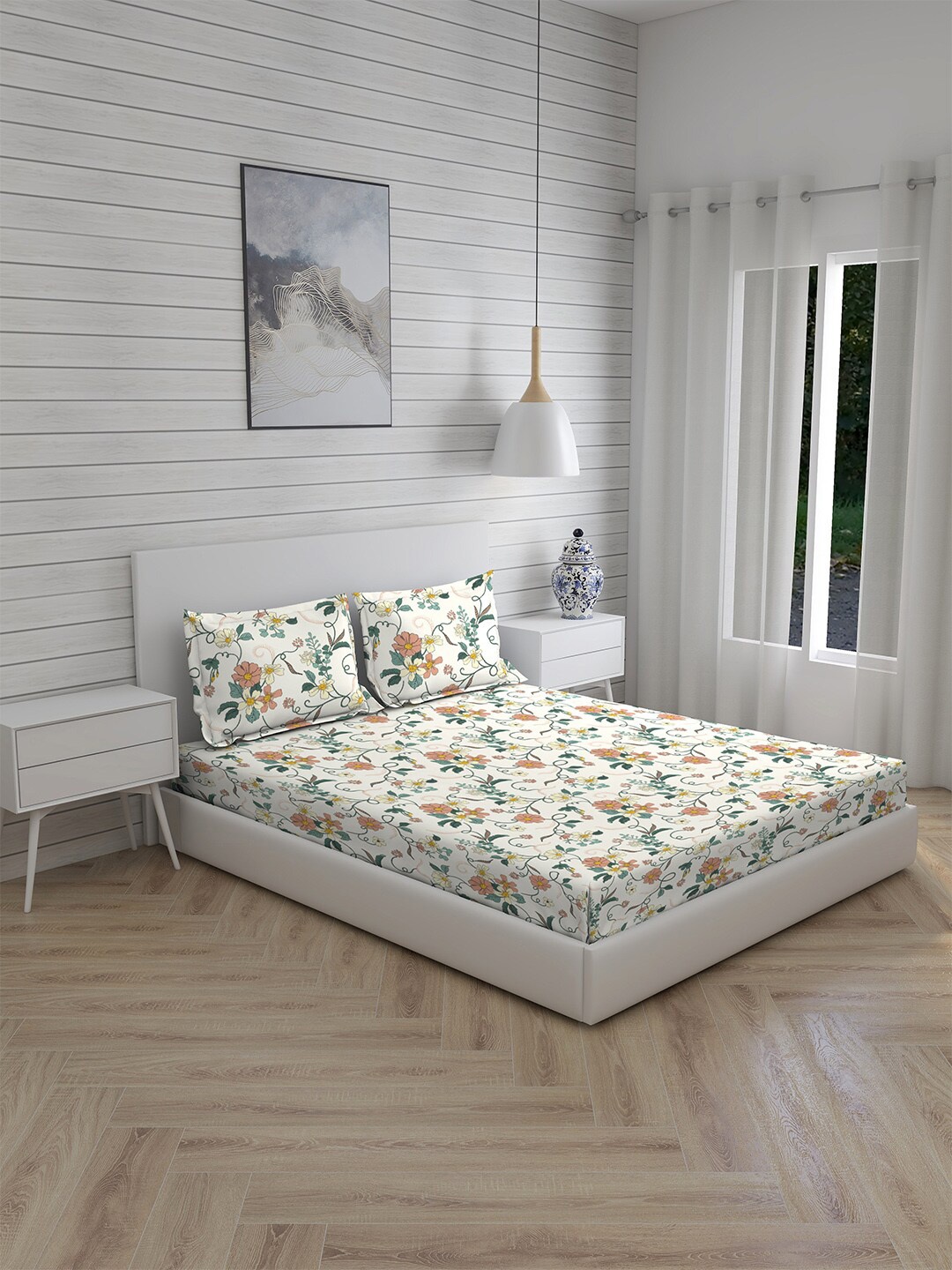 

Boutique Living India White & Green Floral 230 TC King Bedsheet with 2 Pillow Covers