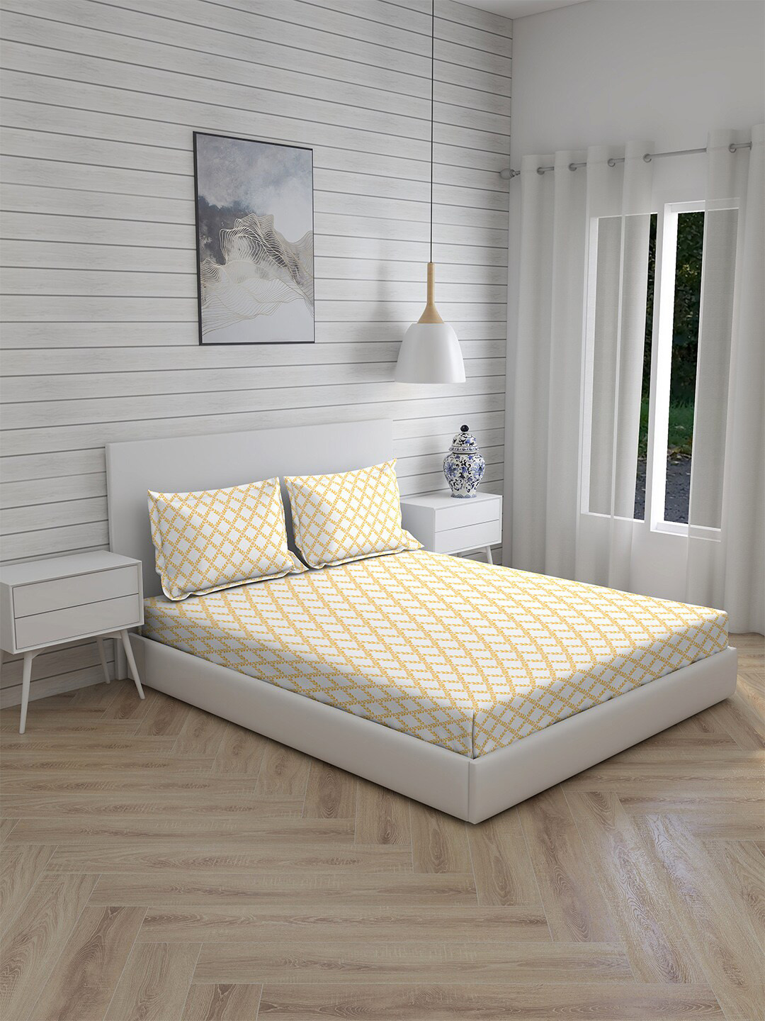 

Boutique Living India White & Yellow Motifs 160 TC Cotton King Bedsheet & 2 Pillow Covers