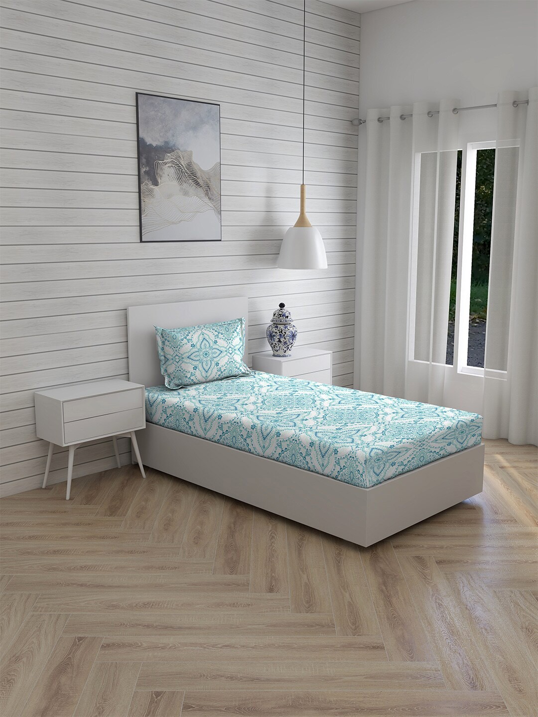 

Boutique Living India Iris Gaze White & Blue 160 TC Single Bedsheet with 1 Pillow Cover