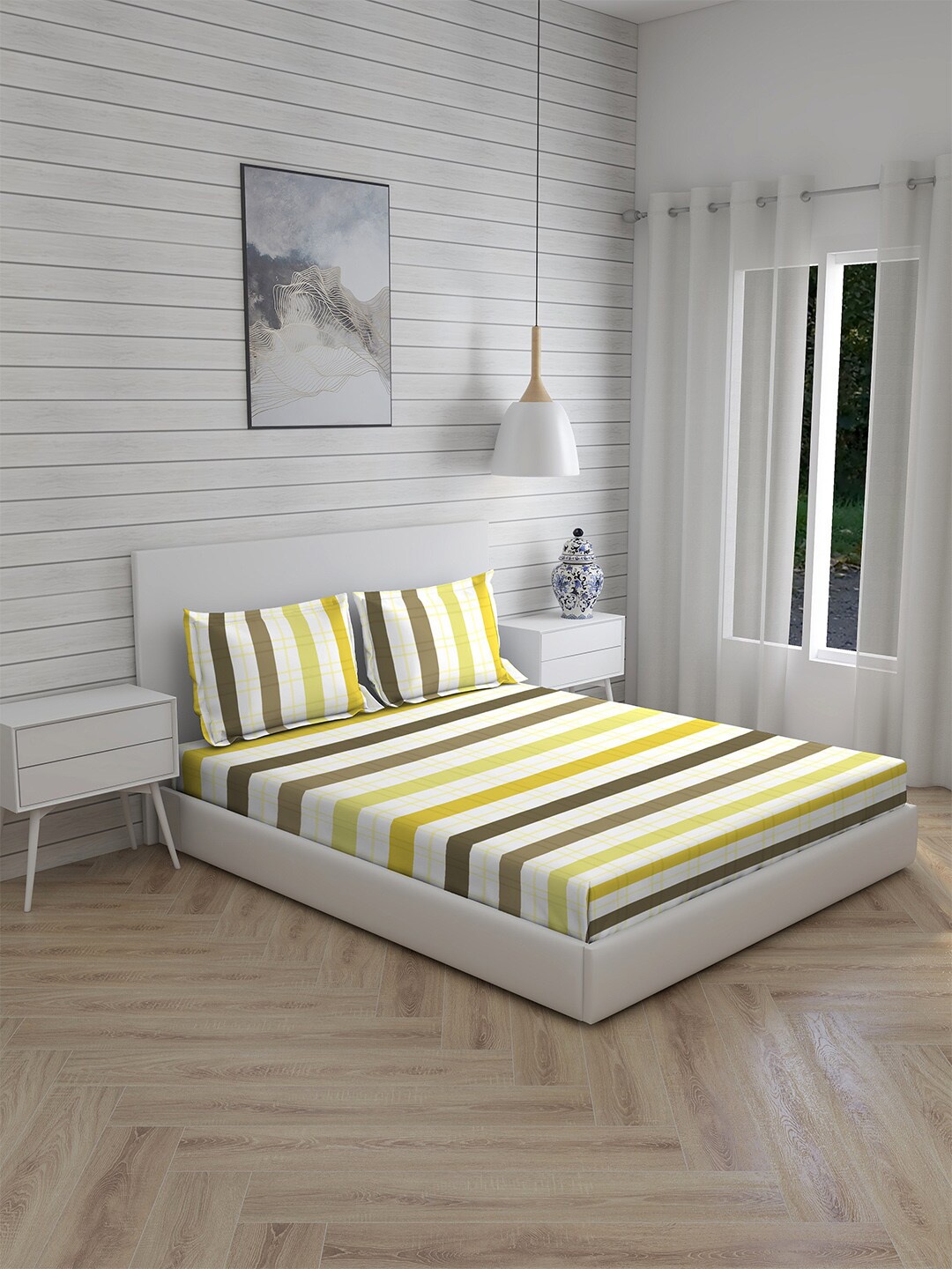 

Boutique Living India Green & White Striped 230 TC King Bedsheet with 2 Pillow Covers