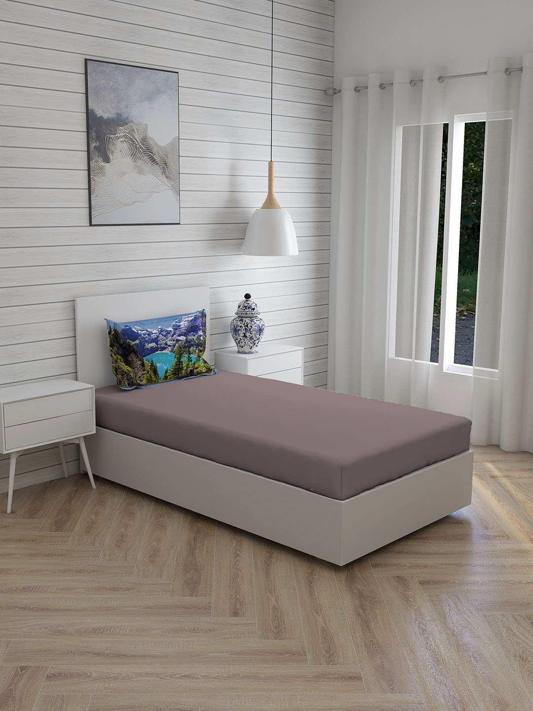 Boutique Living India Grey & Blue 200 TC Cotton Single Bedsheet with 1 Pillow Cover
