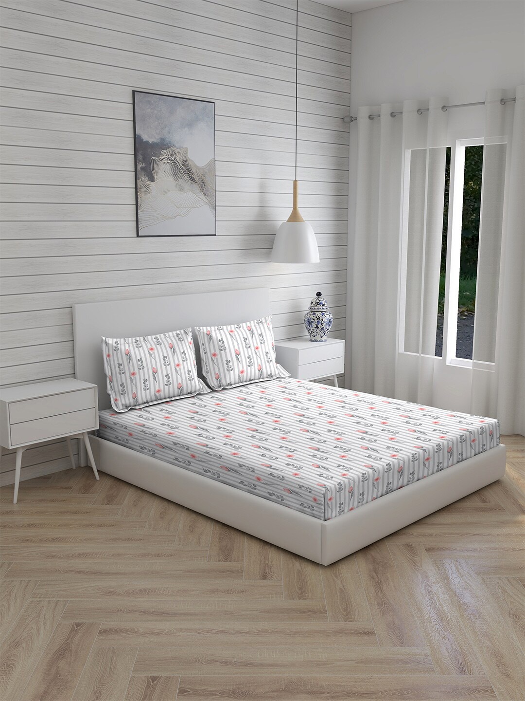 

Boutique Living India White & Grey Floral 230 TC King Bedsheet with 2 Pillow Covers