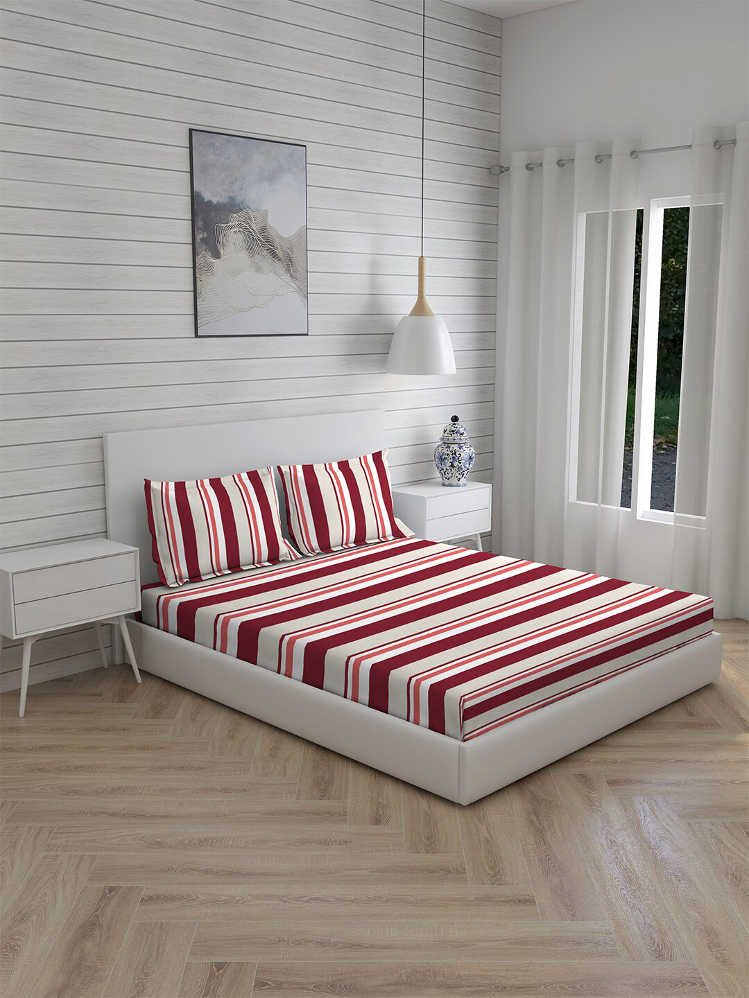

Boutique Living India White & Red Striped 230 TC King Bedsheet with 2 Pillow Covers