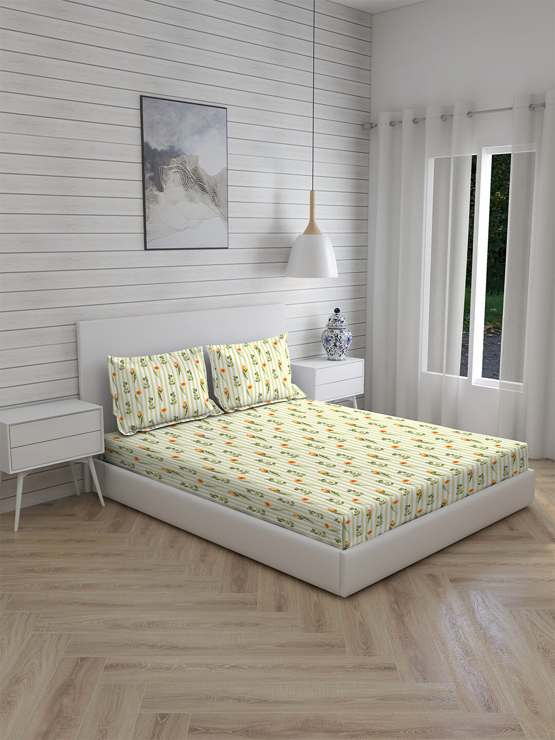

Boutique Living India White & Green 230 TC Floral King Bedsheet with 2 Pillow Covers