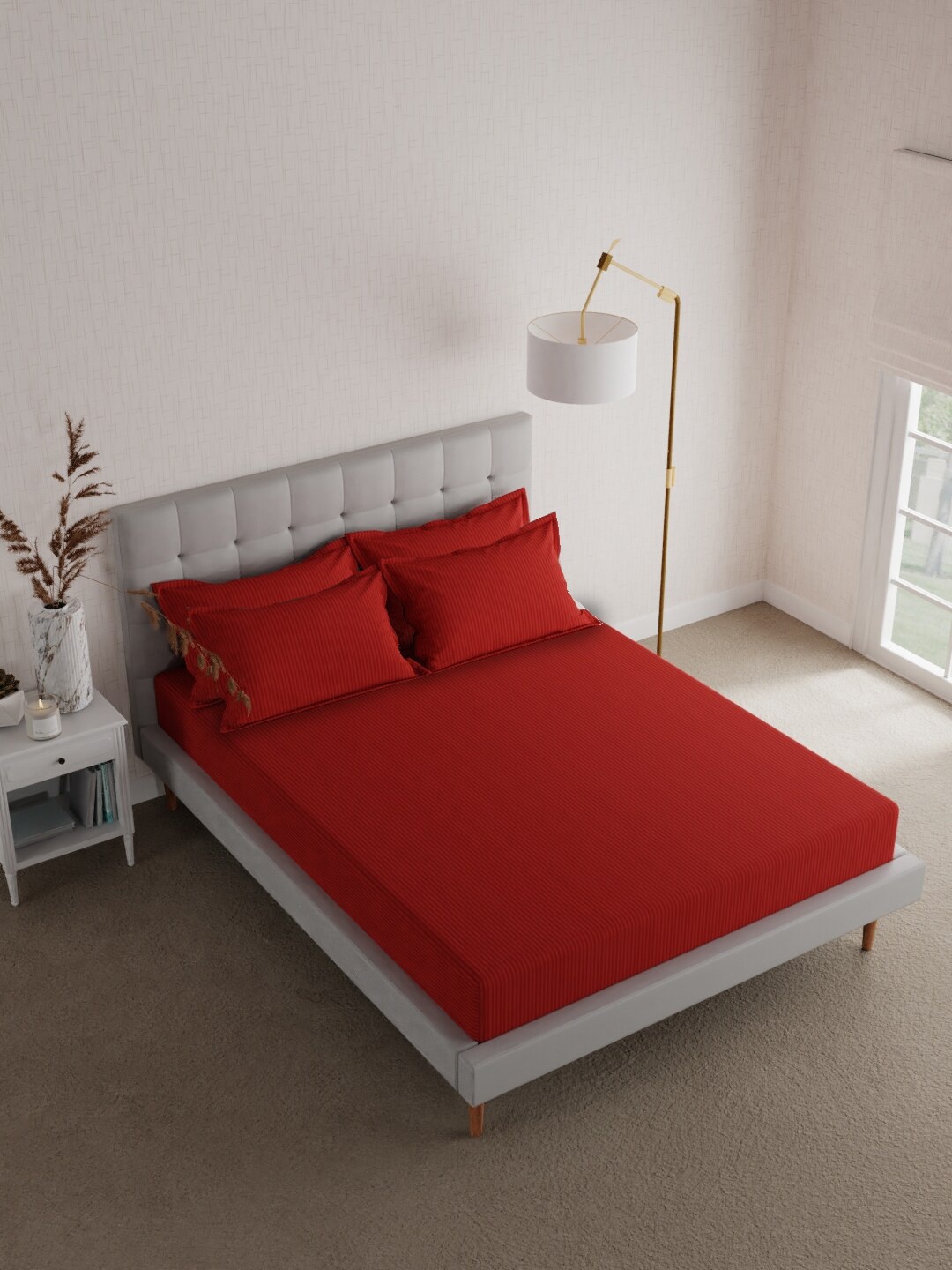 

Boutique Living India Red Striped 600 TC Cotton King Bedsheet with 2 Pillow Covers