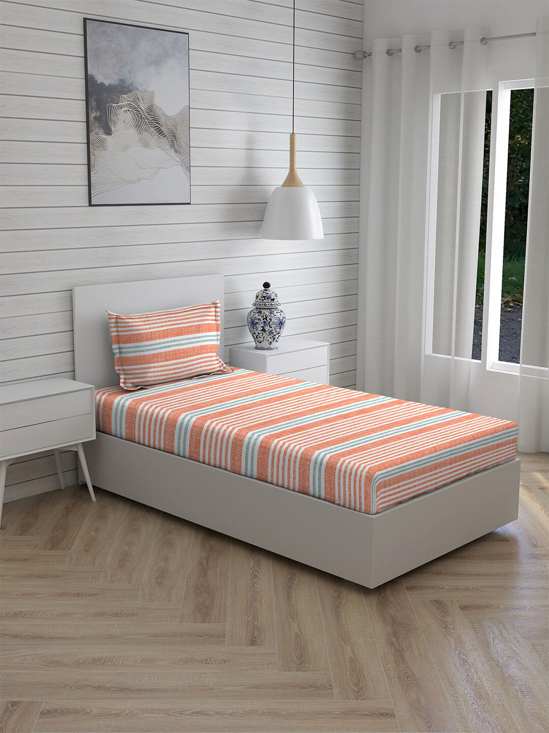 

Boutique Living India Orange Striped 160 TC Cotton Single Bedsheet & 1 Pillow Cover